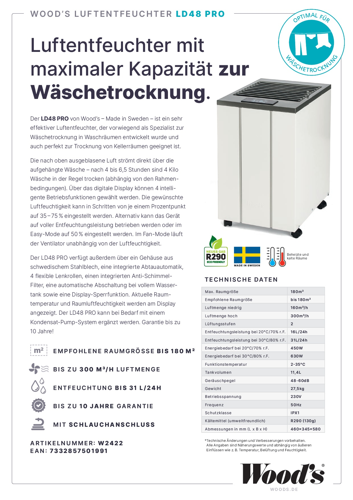 Luftbefeuchter mit Text, der seine Merkmale und Spezifikationen beschreibt. Details zur Trocknungskapazität und Abmessungen.