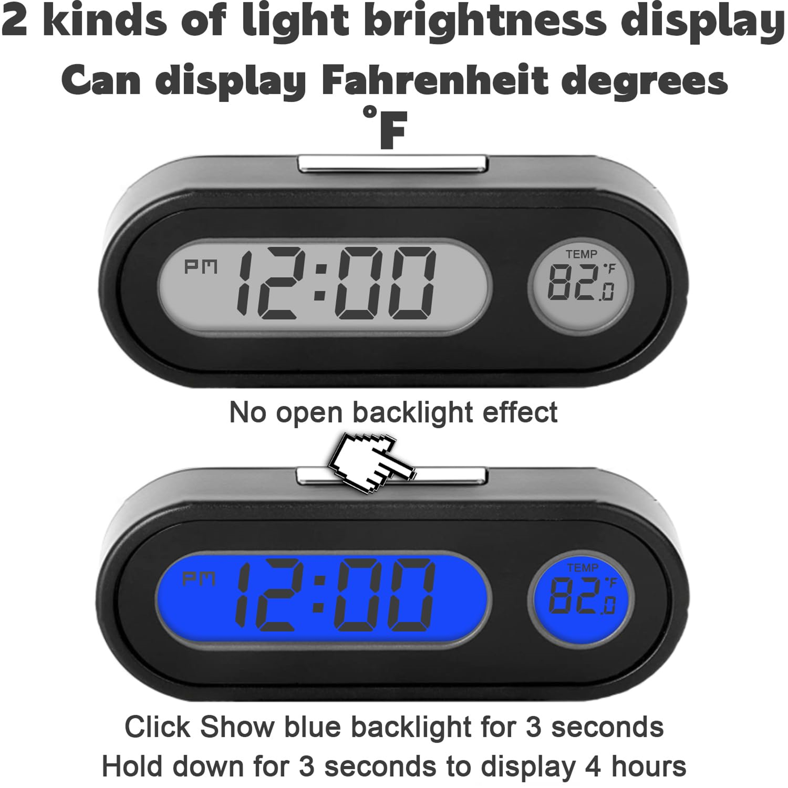 Zwei Digitaluhren. Oben Zeit und Temperatur, unten blau beleuchtetes Display.