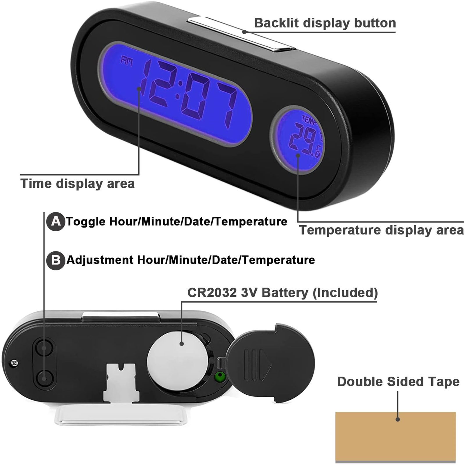 Schwarze Digitaluhr mit blauem Display. Enthält Zeit, Temperatur und eine CR2032-Batterie.