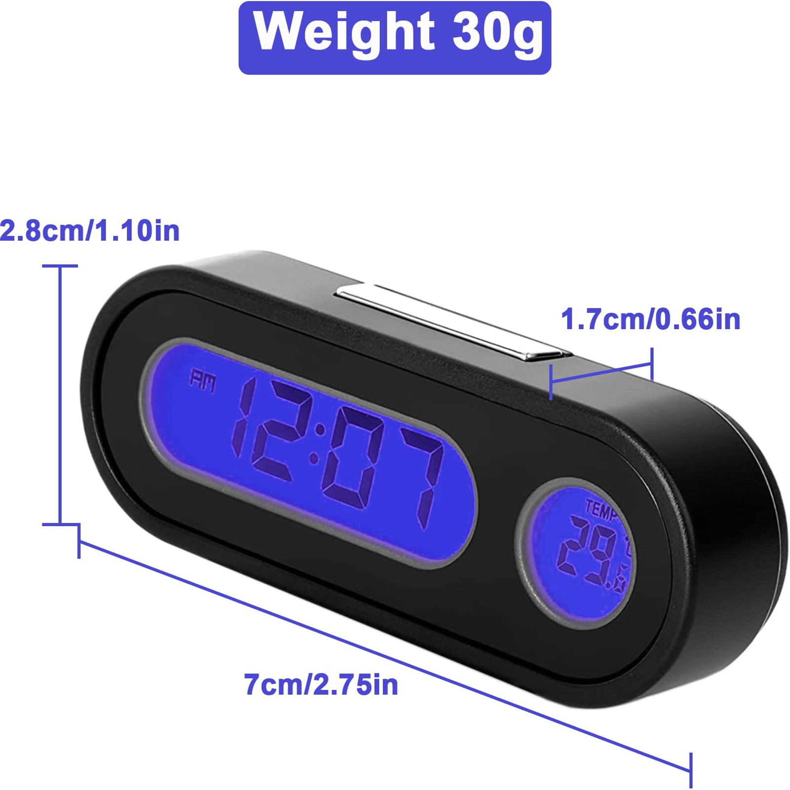 Eine schwarze Digitaluhr zeigt 12:07 Uhr und die Temperatur an. Die Abmessungen sind angegeben.