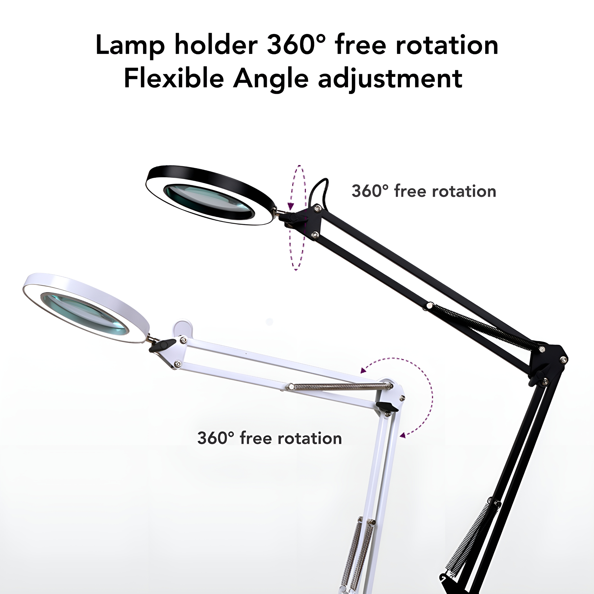Eine schwarz-weiße Lampe mit flexiblen Armen wird auf weißem Hintergrund gezeigt.