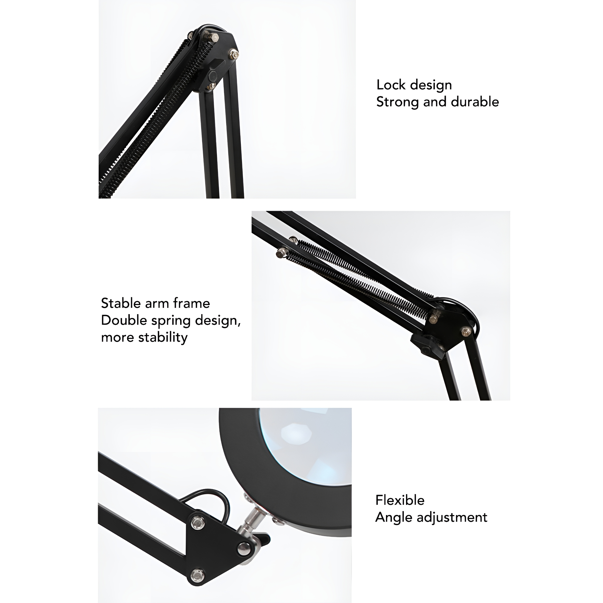 Nahaufnahmen einer schwarzen Schreibtischlampe mit Verriegelungsdesign, Doppelfeder-Design und Winkeleinstellung.
