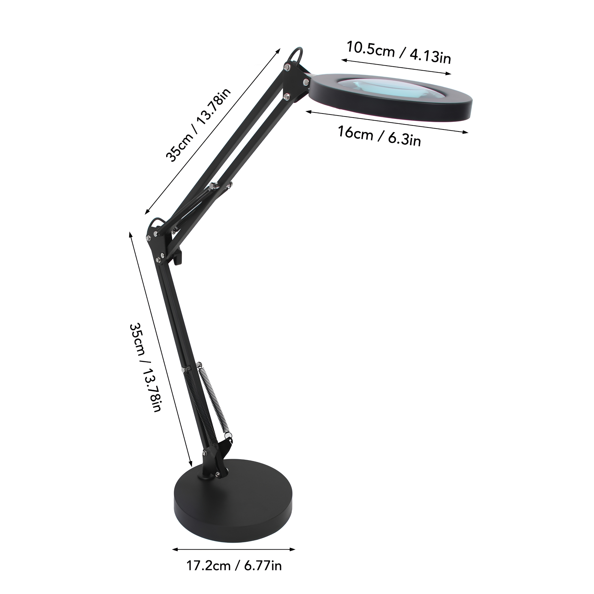 Schwarze Lupenlampe mit Maßangaben. Basis, Arm und Lupe sind detailliert dargestellt.