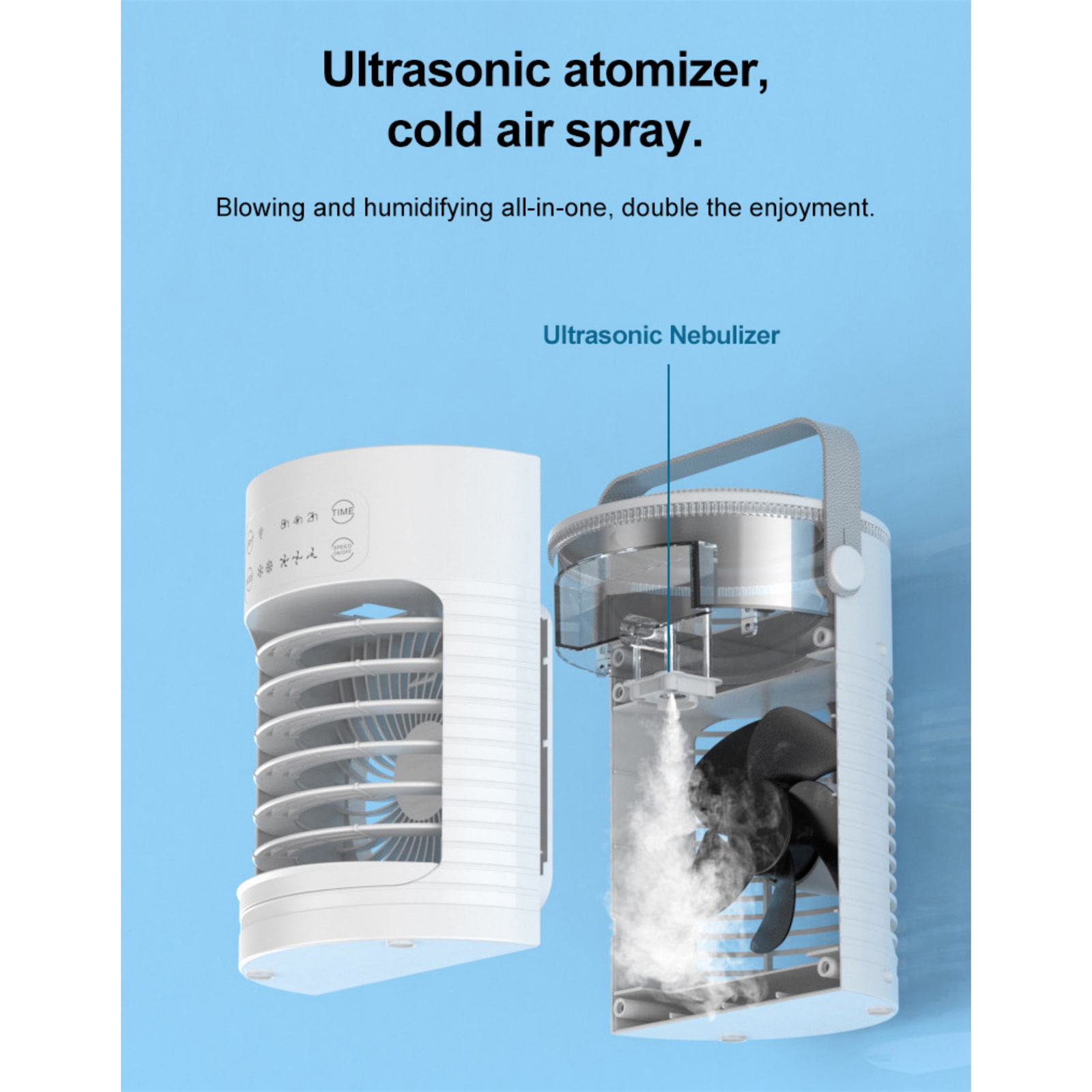 Weißer Ultraschallzerstäuber, Kaltluftsprühgerät, mit offener und geschlossener Ansicht der Innenteile.