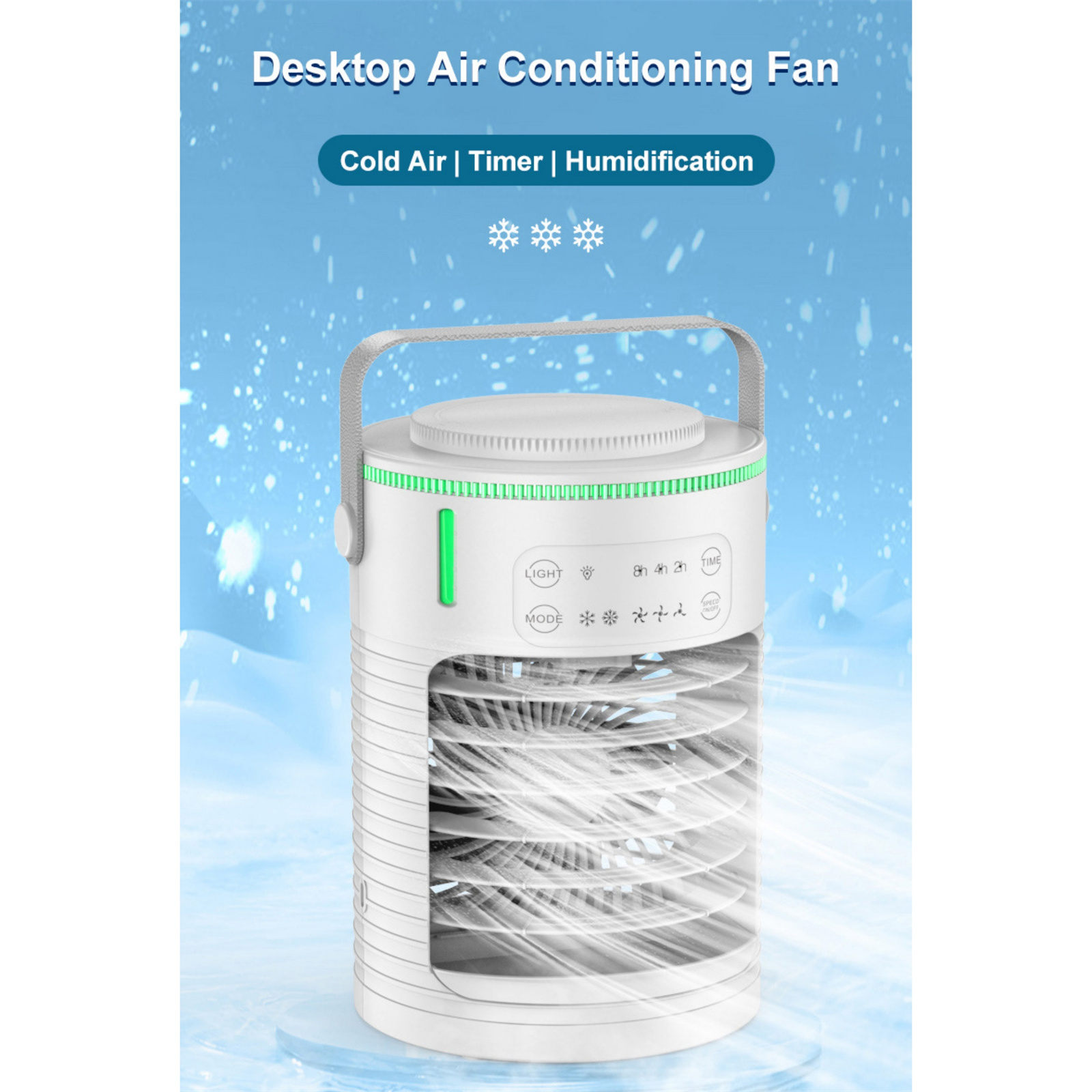Ein weißer Desktop-Klimaanlagenventilator mit Bedienfeld und Griff.