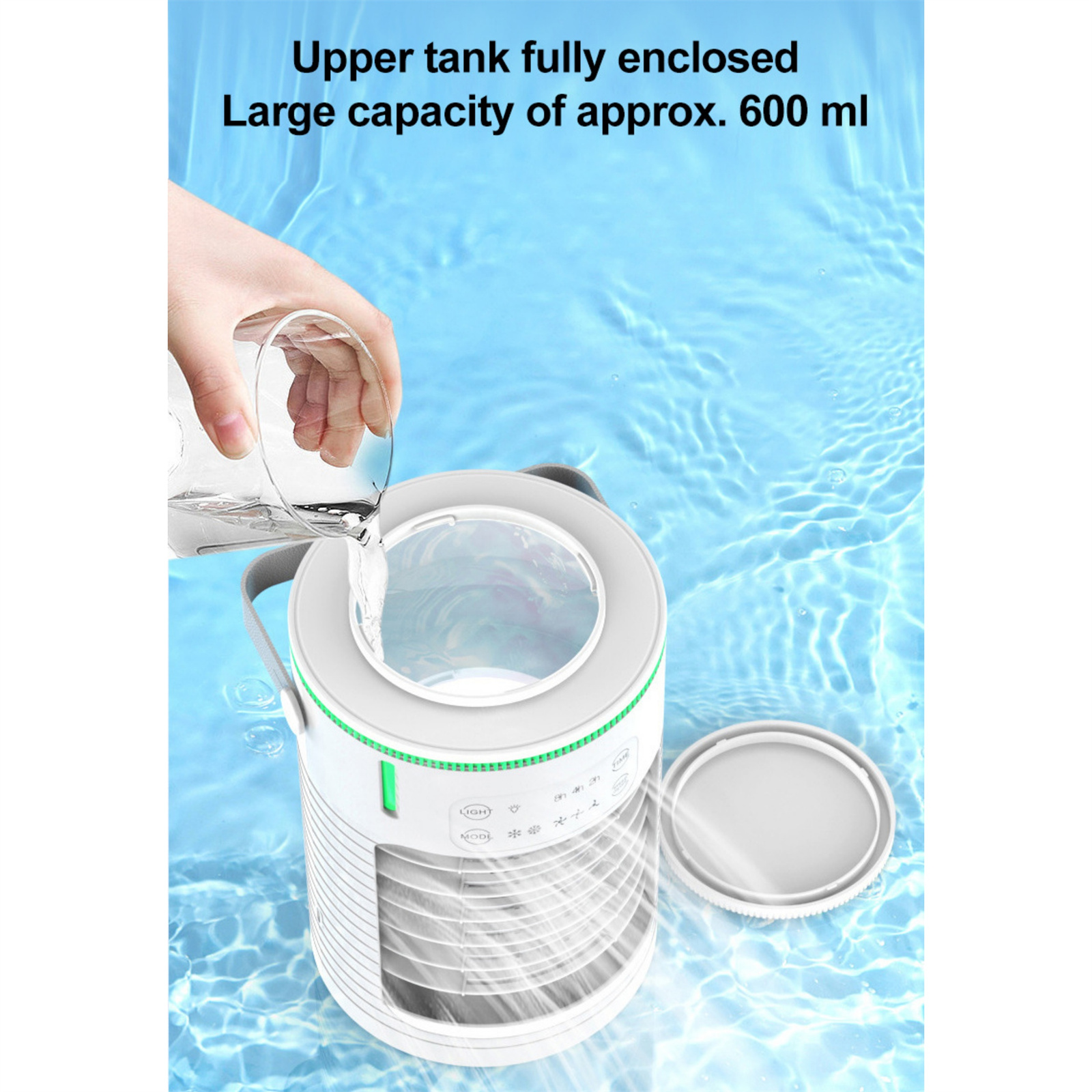 Ein weiß-grauer Luftkühler wird mit Wasser gefüllt, dargestellt mit Wassereffekt.