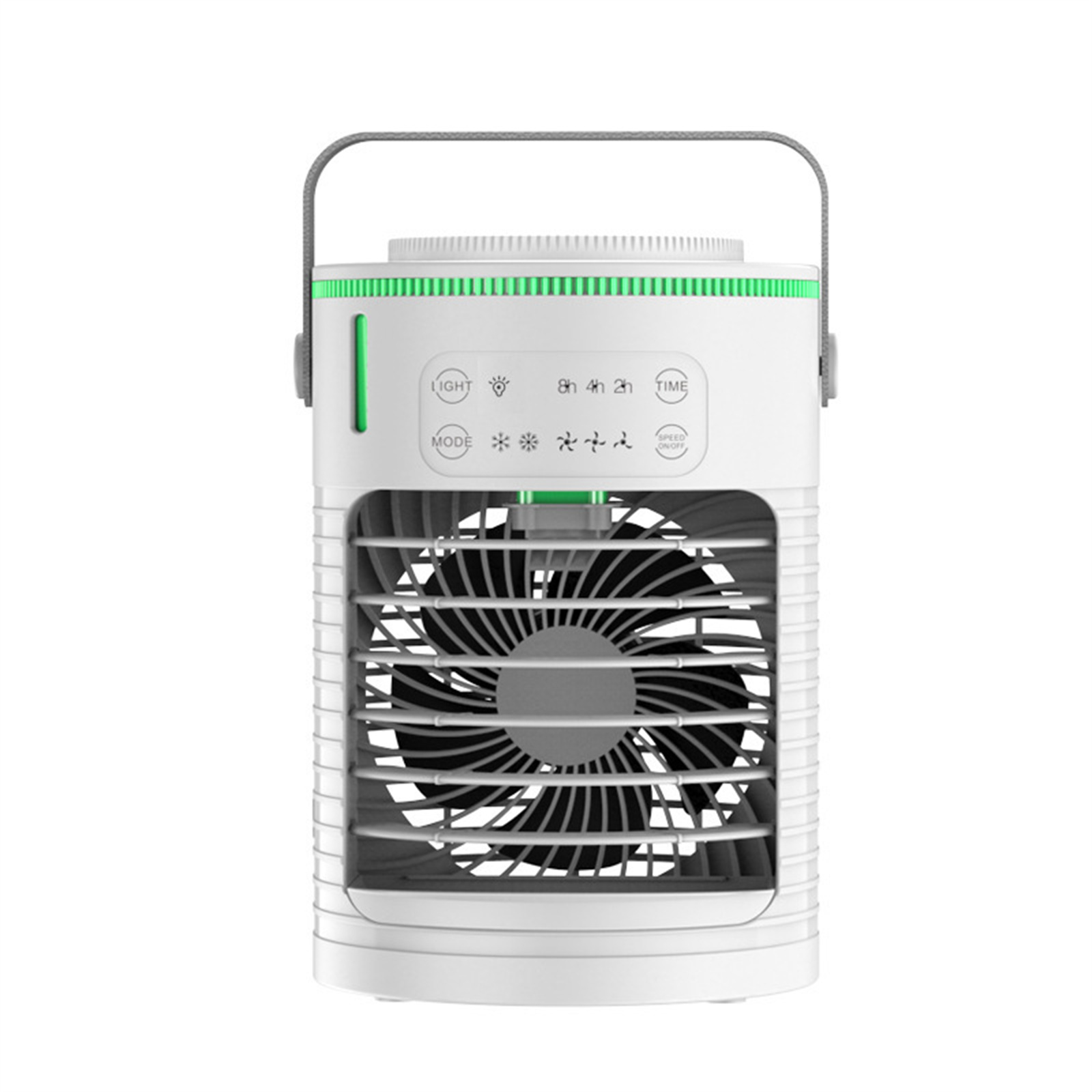 Weißer tragbarer Luftkühler mit Griff, Bedienelementen und Ventilator. Grünes Licht leuchtet.