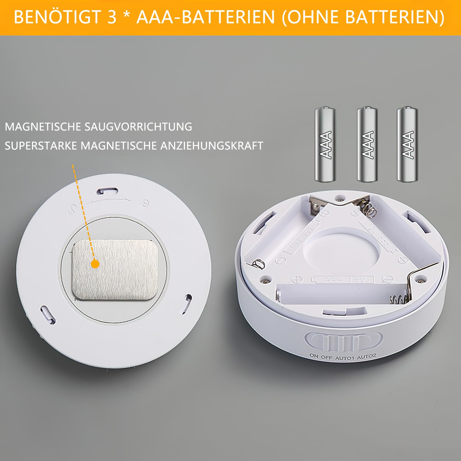 Weißes rundes Licht mit geöffnetem Batteriefach. Drei AAA-Batterien und Text über Batterien.