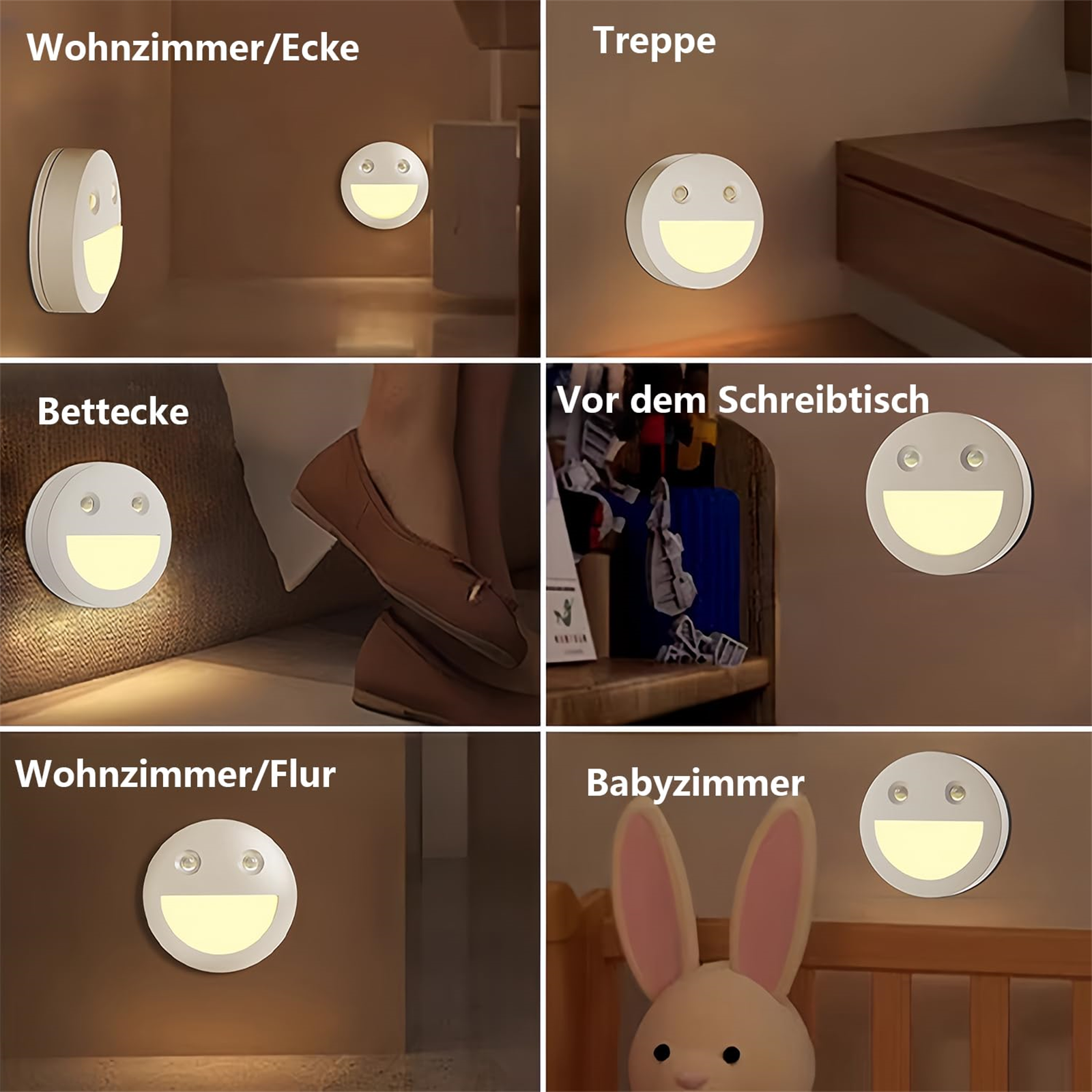 Sechs Bilder von lächelnden Nachtlichtern in verschiedenen Umgebungen: Schlafzimmer, Flur, Treppe usw. Beige Wände.