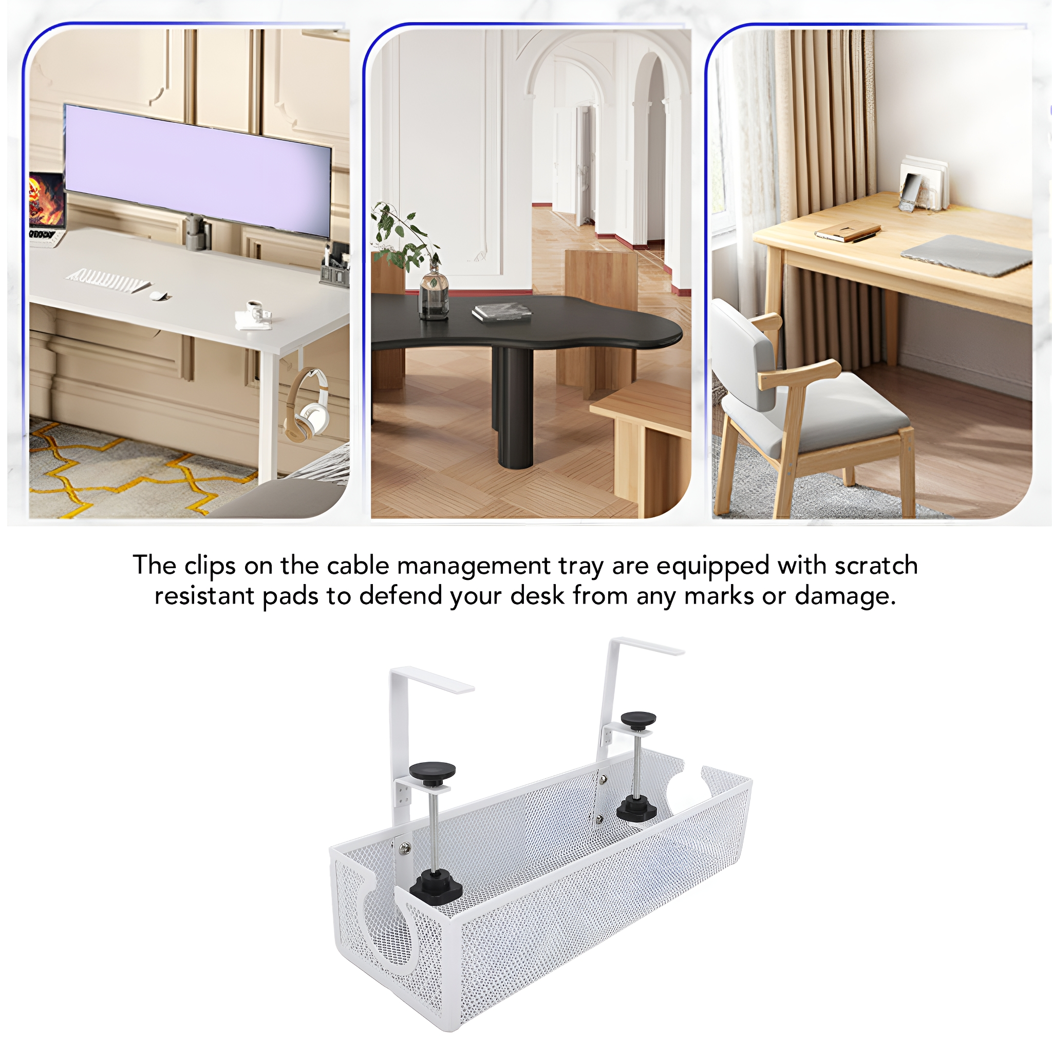 Ein weißer Kabelmanagement-Tray mit Gitterdesign, unter einem Schreibtisch installiert. Mehrere Raumansichten sind im Hintergrund zu sehen.