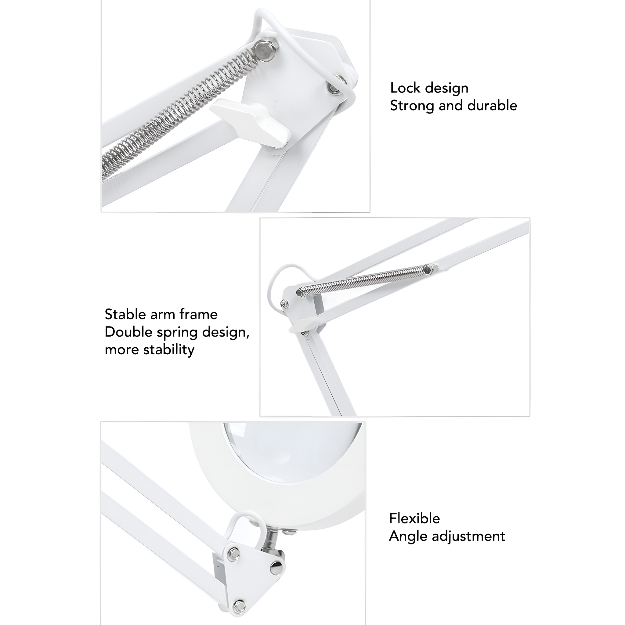 Nahaufnahmen einer weißen Schreibtischlampe mit Verriegelungsdesign, Doppelfeder-Design und Winkeleinstellung.