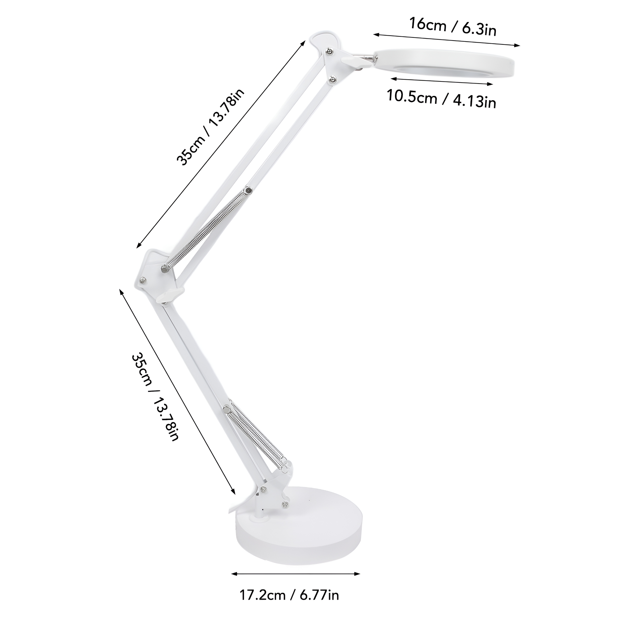 Eine weiße Schreibtischlampe mit beschrifteten Abmessungen.