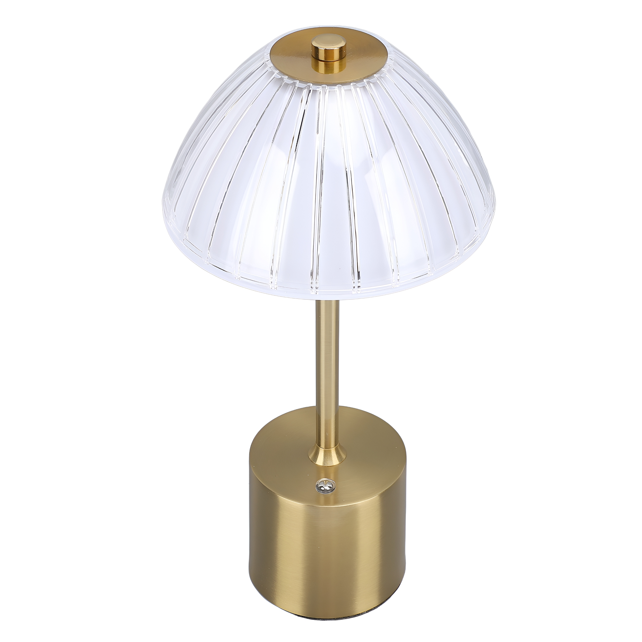 Eine goldfarbene Tischlampe mit klarem, geripptem Glasschirm und rundem Sockel.