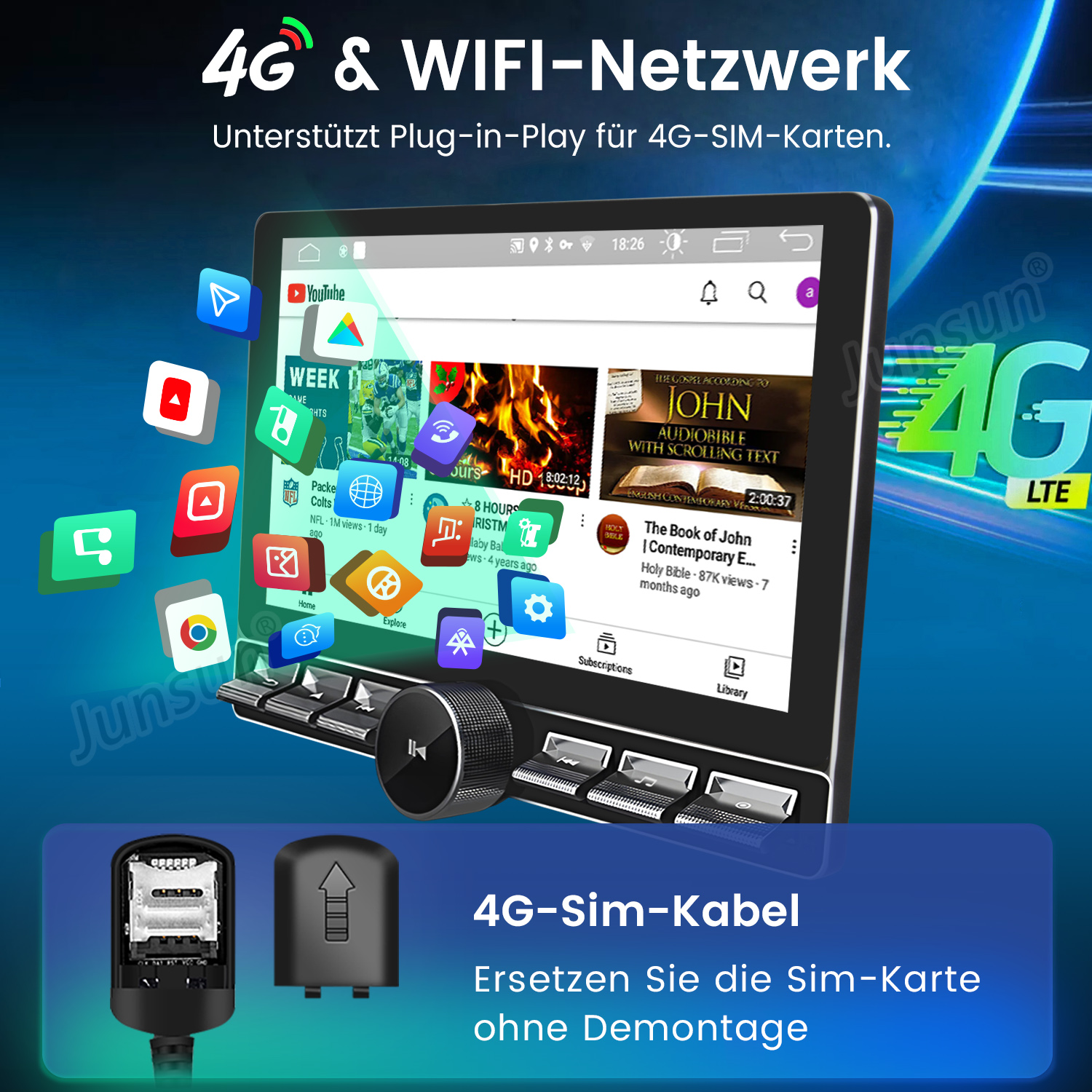 Ekran tabletu wyświetlający film z YouTube i kilka ikon aplikacji, z tekstem 4G i Wi-Fi.