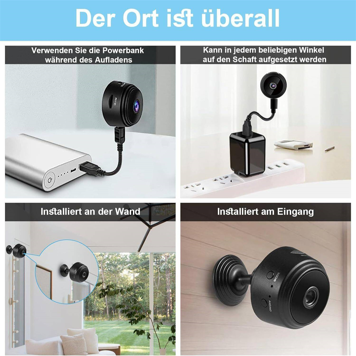Vier Bilder, die kleine schwarze Kameras in verschiedenen Konfigurationen zeigen, die an Stromquellen angeschlossen sind.