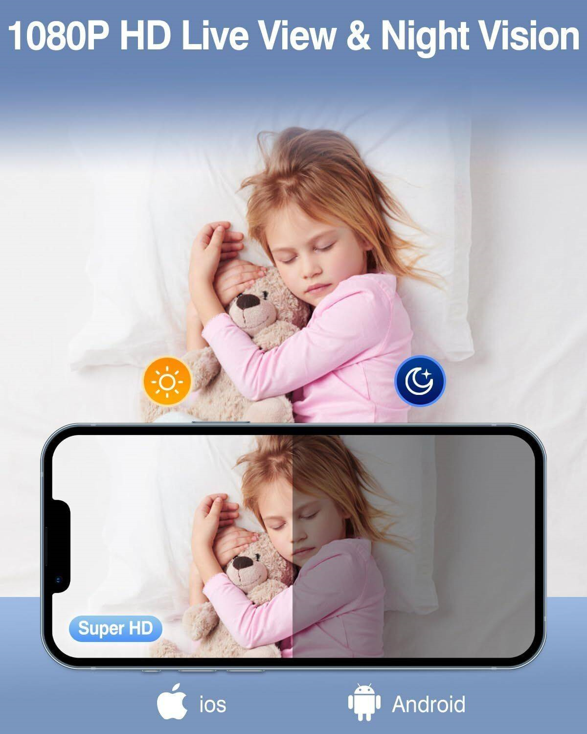 Ein schlafendes Mädchen mit Teddybär, auf einem Telefonbildschirm mit Tag/Nacht-Modus, iOS und Android.