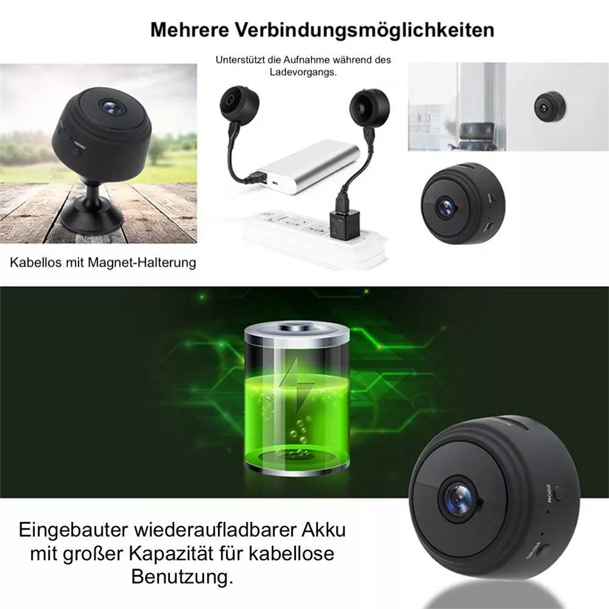 Eine Sammlung kleiner schwarzer Überwachungskameras mit verschiedenen Einrichtungsmöglichkeiten und einem Akkusymbol.
