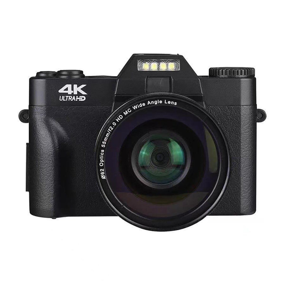 Schwarze Kamera mit großem Objektiv und drei Lichtern. Auf dem Gehäuse steht 4K Ultra HD.