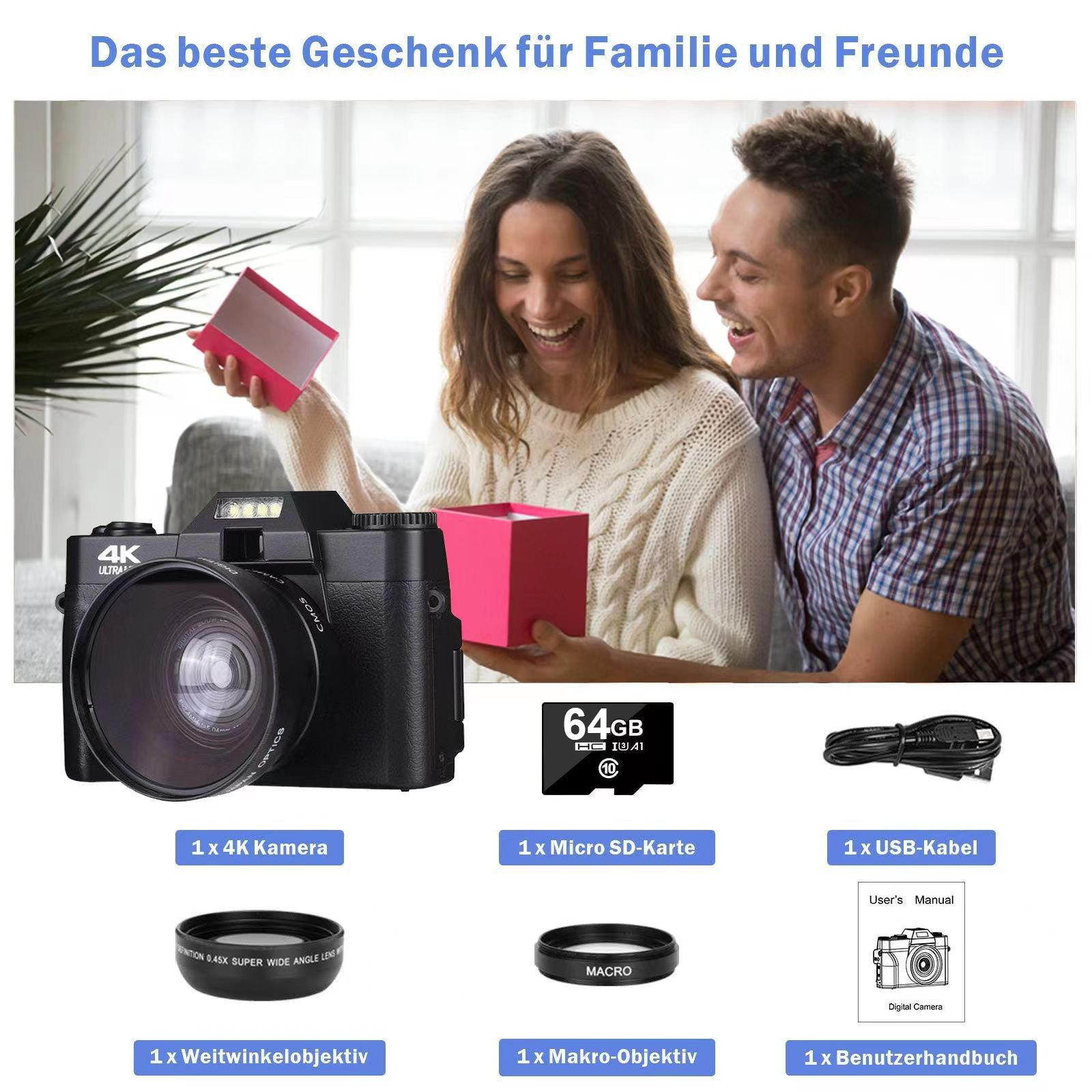 Ein Paar mit Kamera, SD-Karte, Objektiv und Zubehör, mit Text darüber.
