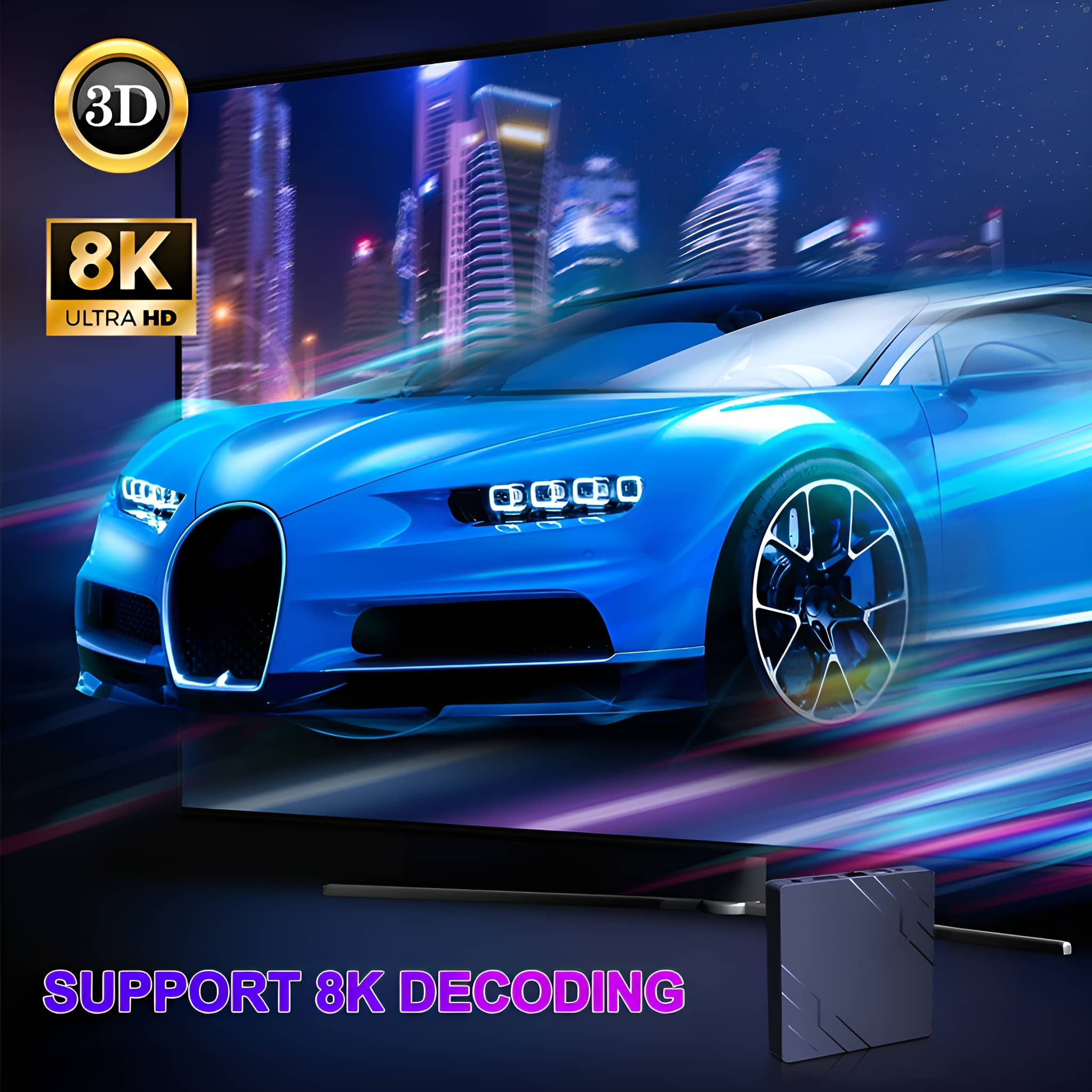 Blaues Auto auf dem Bildschirm. 3D und 8K Ultra HD, Unterstützung 8K-Decoding.