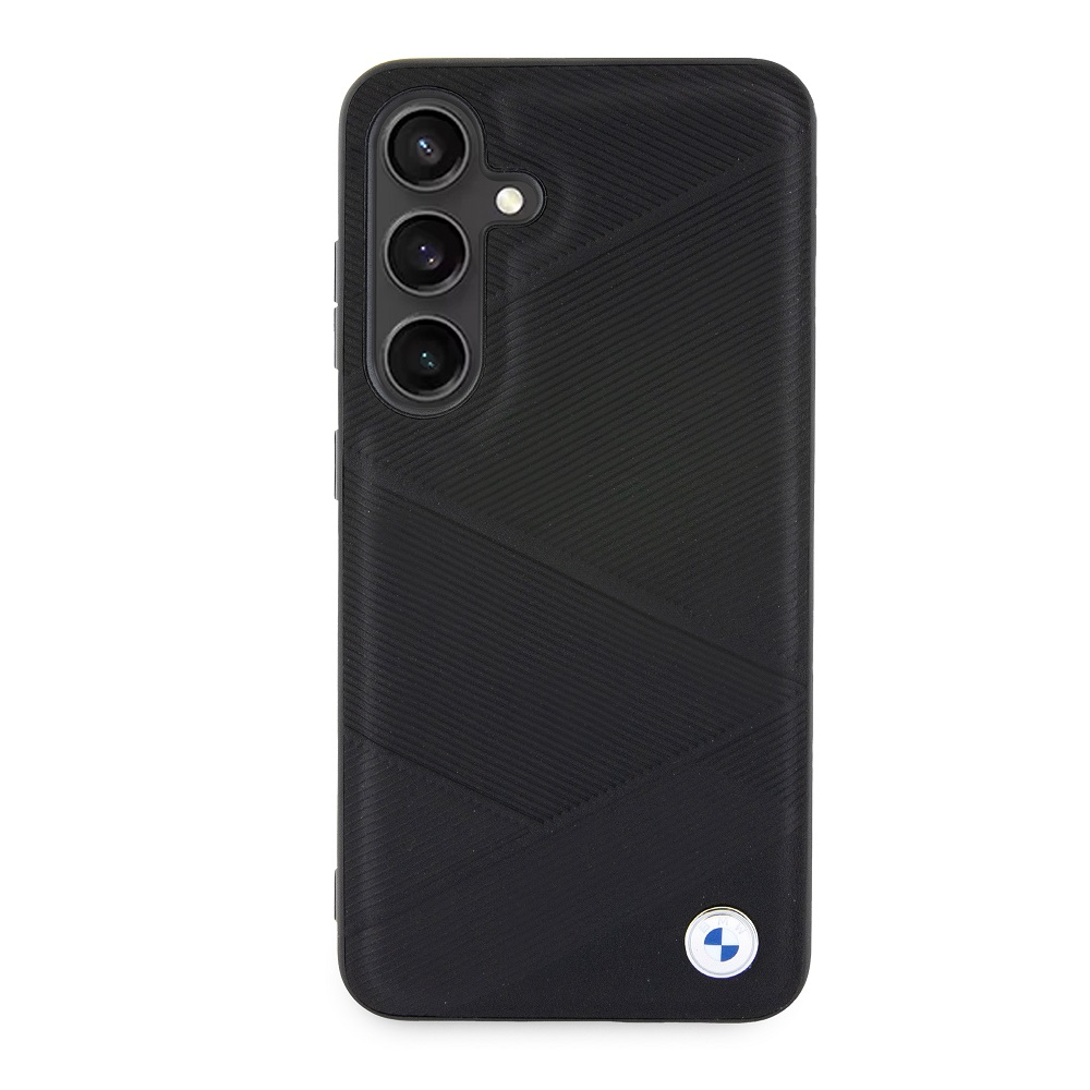 Custodia nera per telefono con tre lenti e logo BMW. Motivo a linee diagonali sul retro.