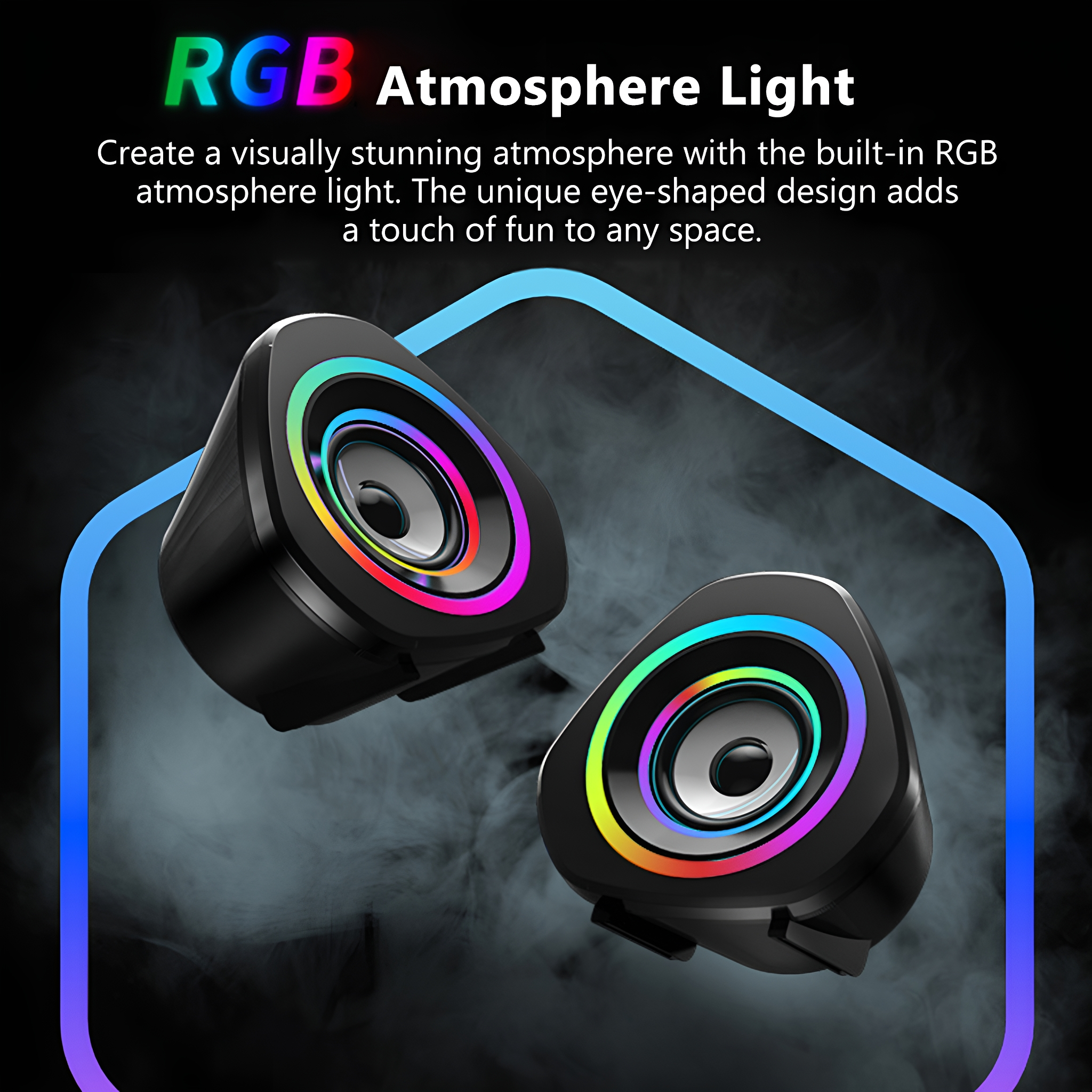 Zwei schwarze Lautsprecher mit RGB-Beleuchtung. Die Lautsprecher sind augenförmig und auf rauchigem Hintergrund.