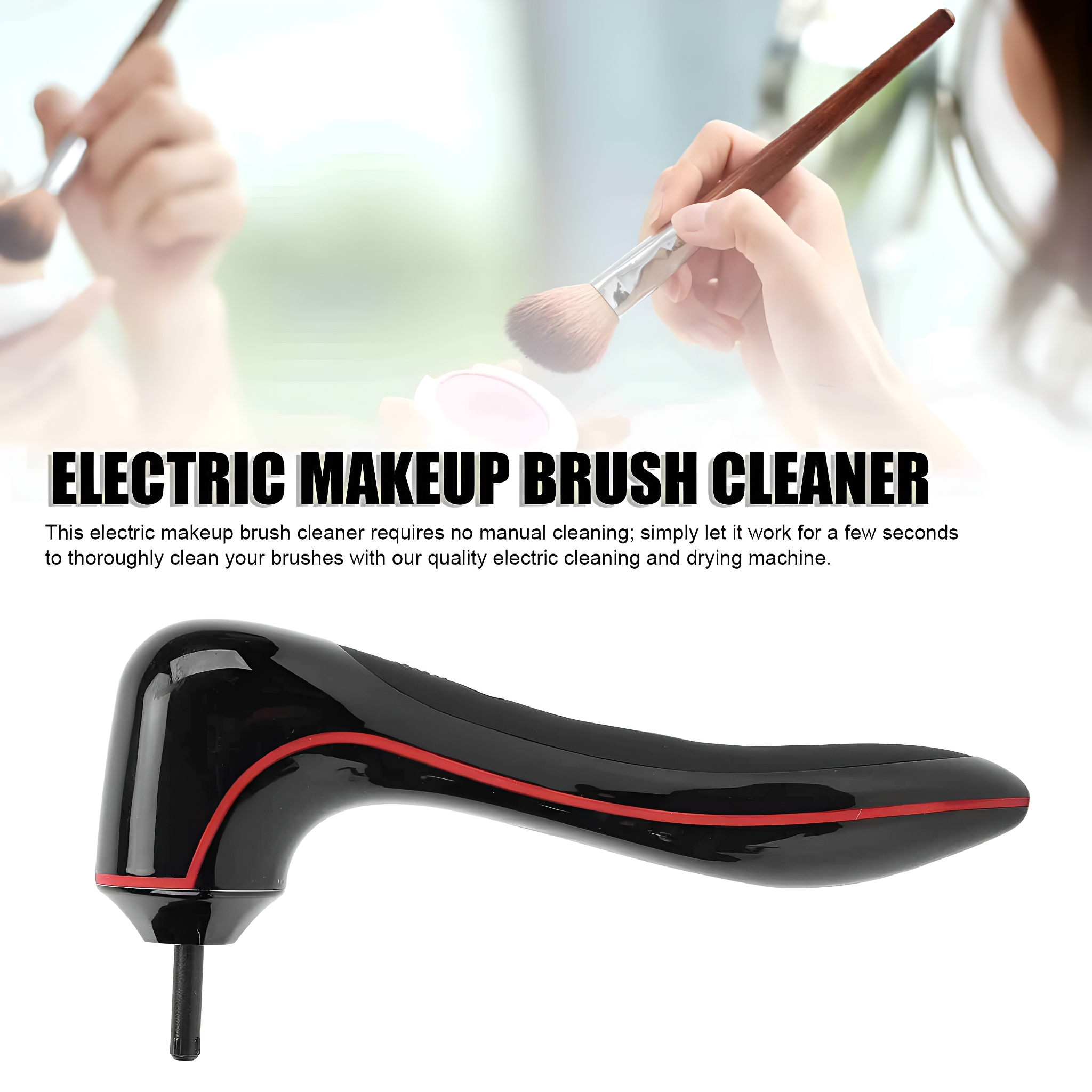 Schwarzer und roter elektrischer Make-up-Pinselreiniger. Eine Frau hält im Hintergrund einen Make-up-Pinsel.