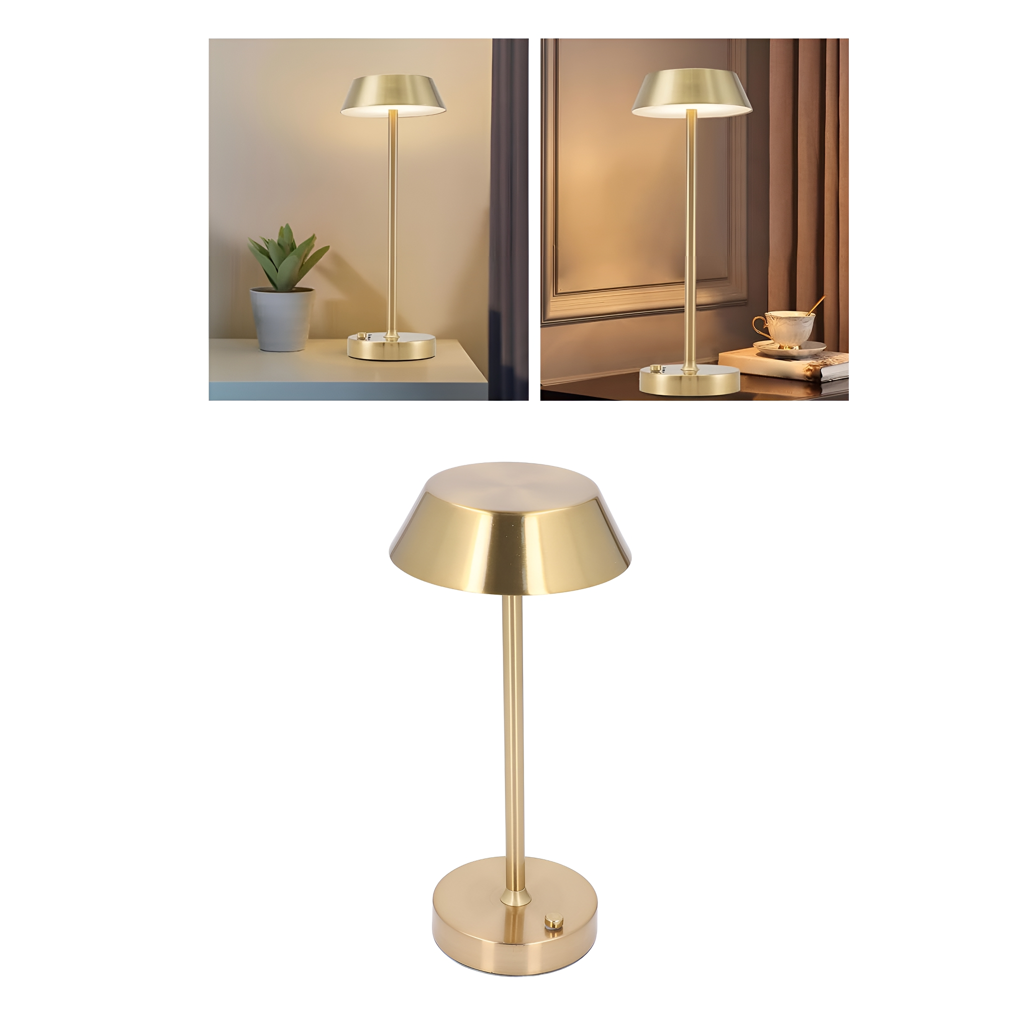 Eine goldene Tischlampe mit rundem Fuß und Lampenschirm. Drei Ansichten werden präsentiert.