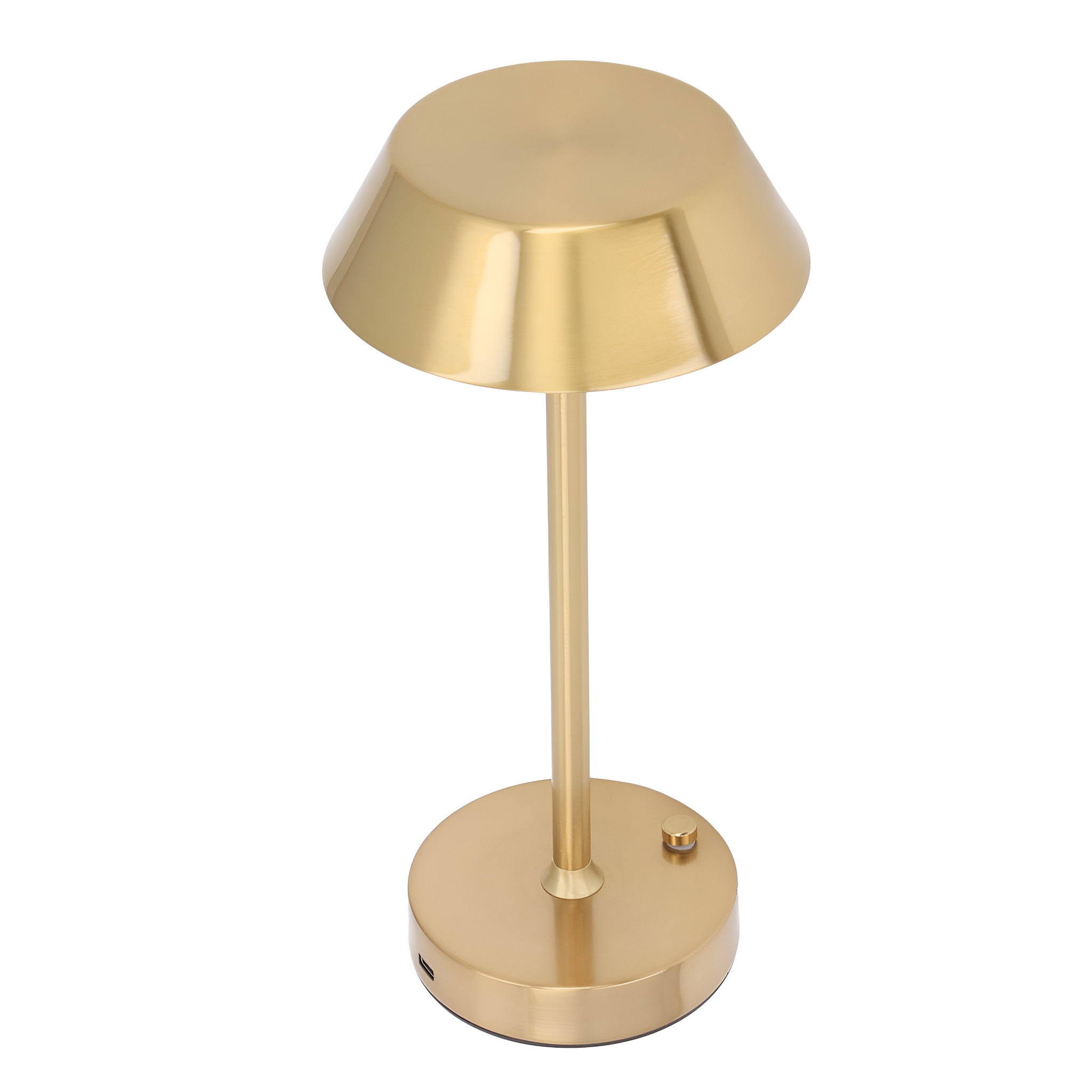 Goldene Tischlampe, runder Sockel und kegelförmiger Lampenschirm. Gold-Finish.