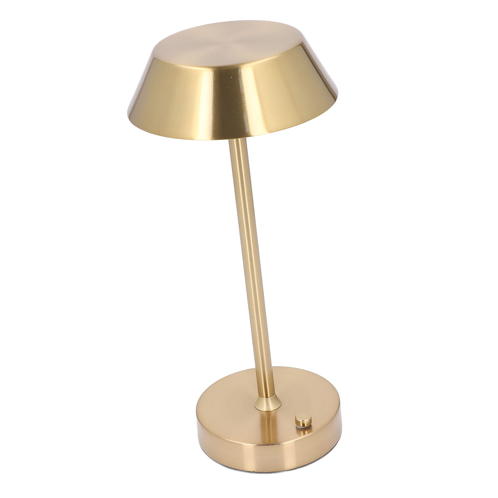 Eine goldfarbene Schreibtischlampe mit rundem Schirm und kreisförmigem Fuß.
