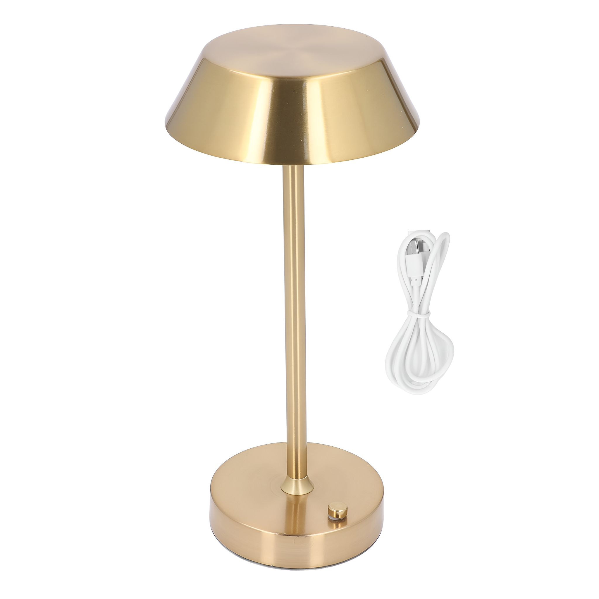 Eine goldfarbene Tischlampe mit rundem Schirm und weißem Kabel. Der Sockel ist kreisförmig.
