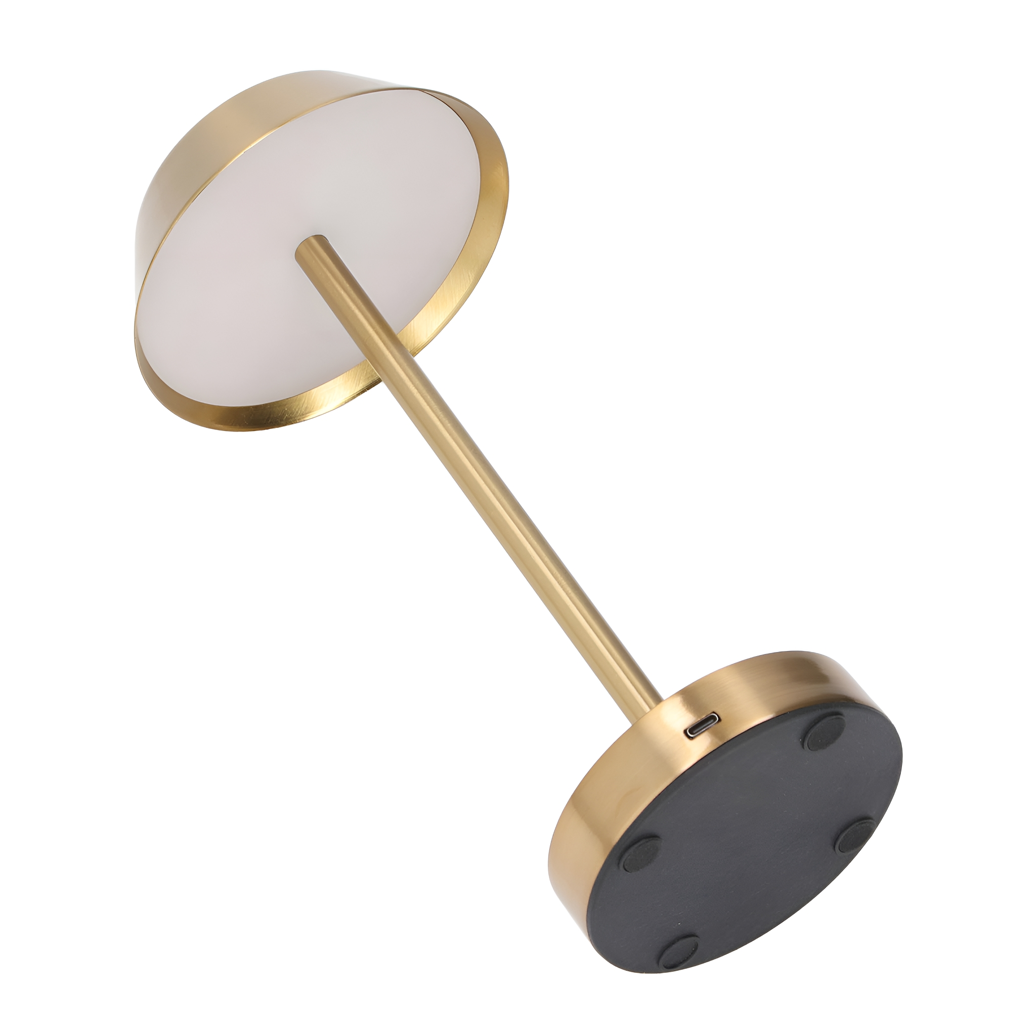 Goldene Nachttischlampe auf Weiß. Die Lampe hat einen runden Kopf, einen langen goldenen Stiel und einen schwarzen Fuß. Das Licht ist an.