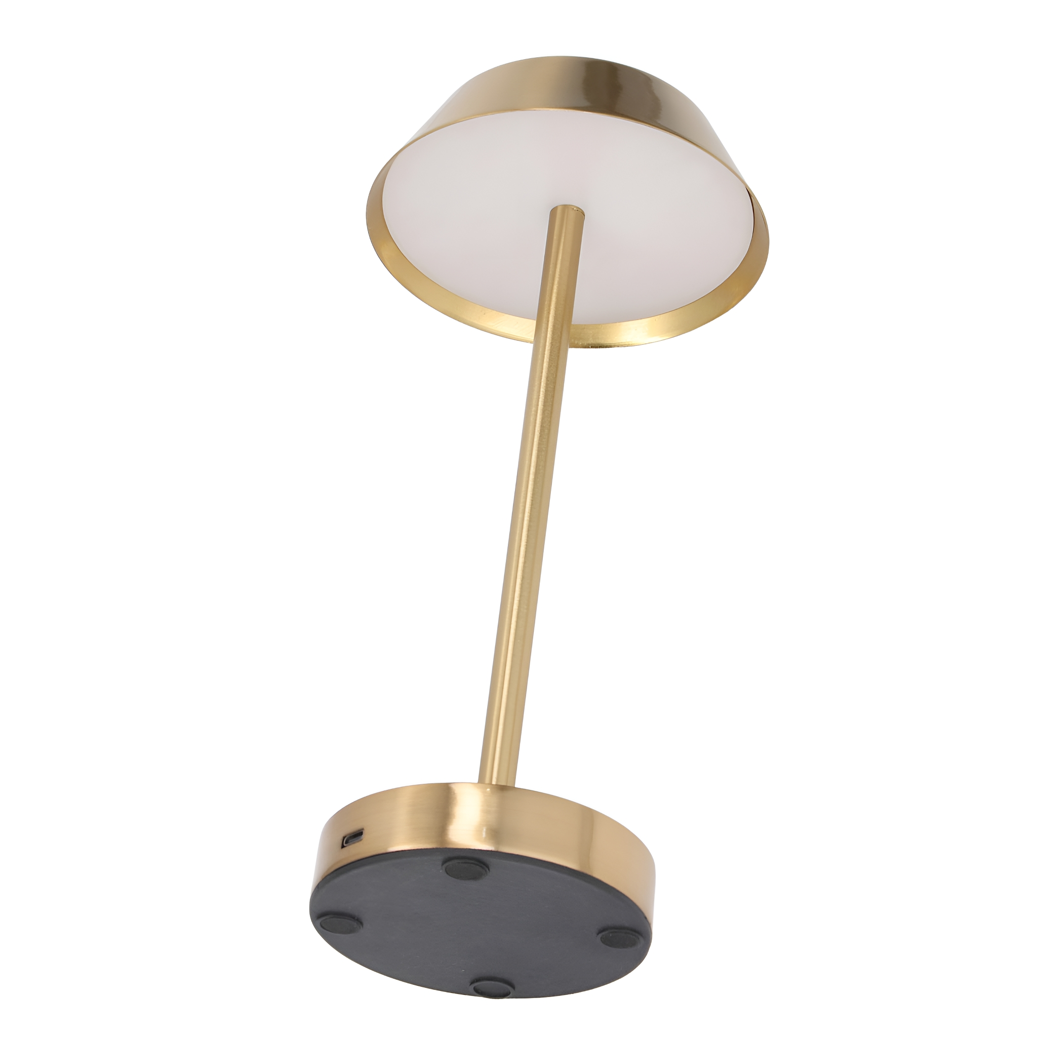 Goldene Lampe mit weißem Schirm, schwarzem Sockel und USB-Anschluss.