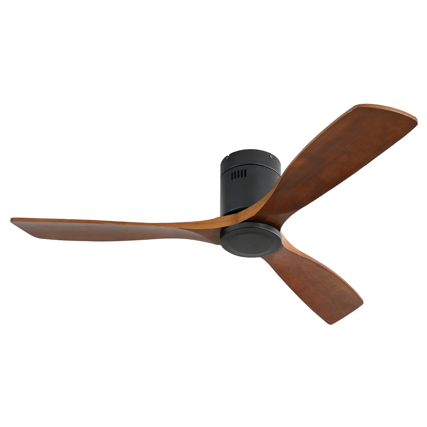 Ein Deckenventilator mit drei Holzblättern und einem schwarzen Motorgehäuse.