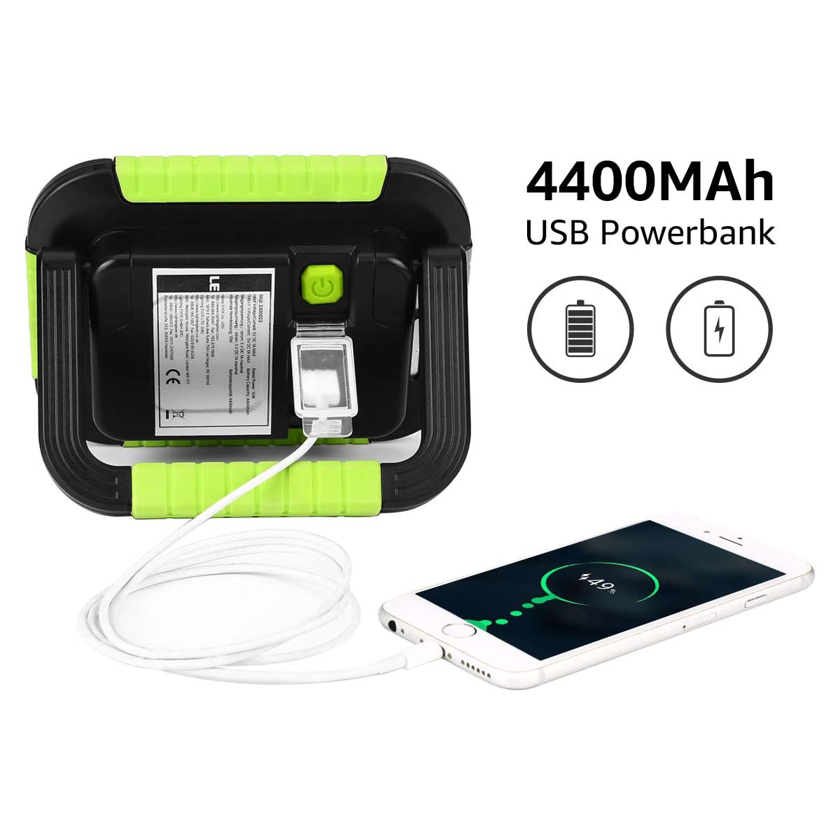 Eine tragbare LED-Arbeitsleuchte, die ein Telefon auflädt. Der Text lautet 4400mAh USB Powerbank.