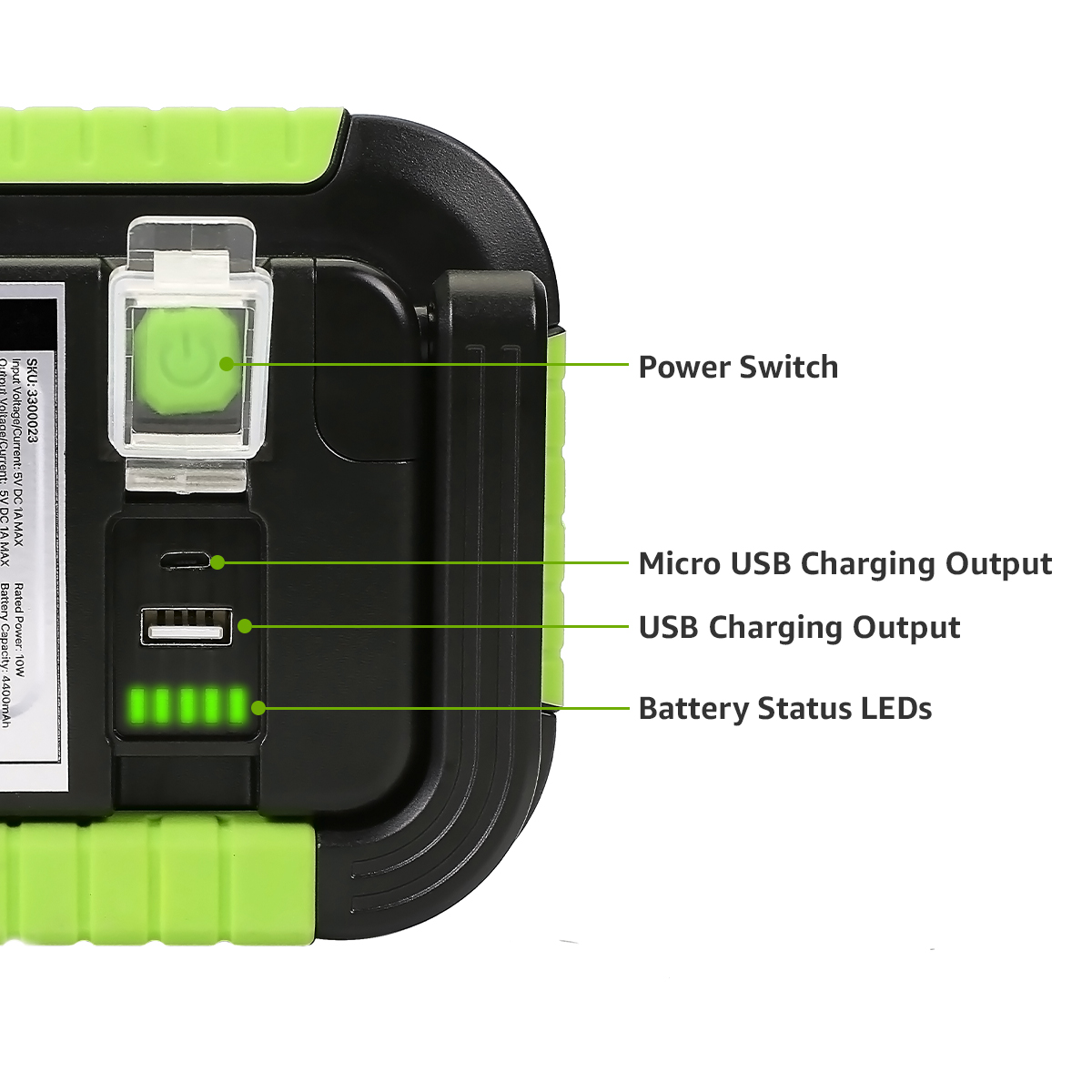 Schwarze und grüne Powerbank mit beschrifteten Anschlüssen: Ein-/Ausschalter, USB, Micro-USB.