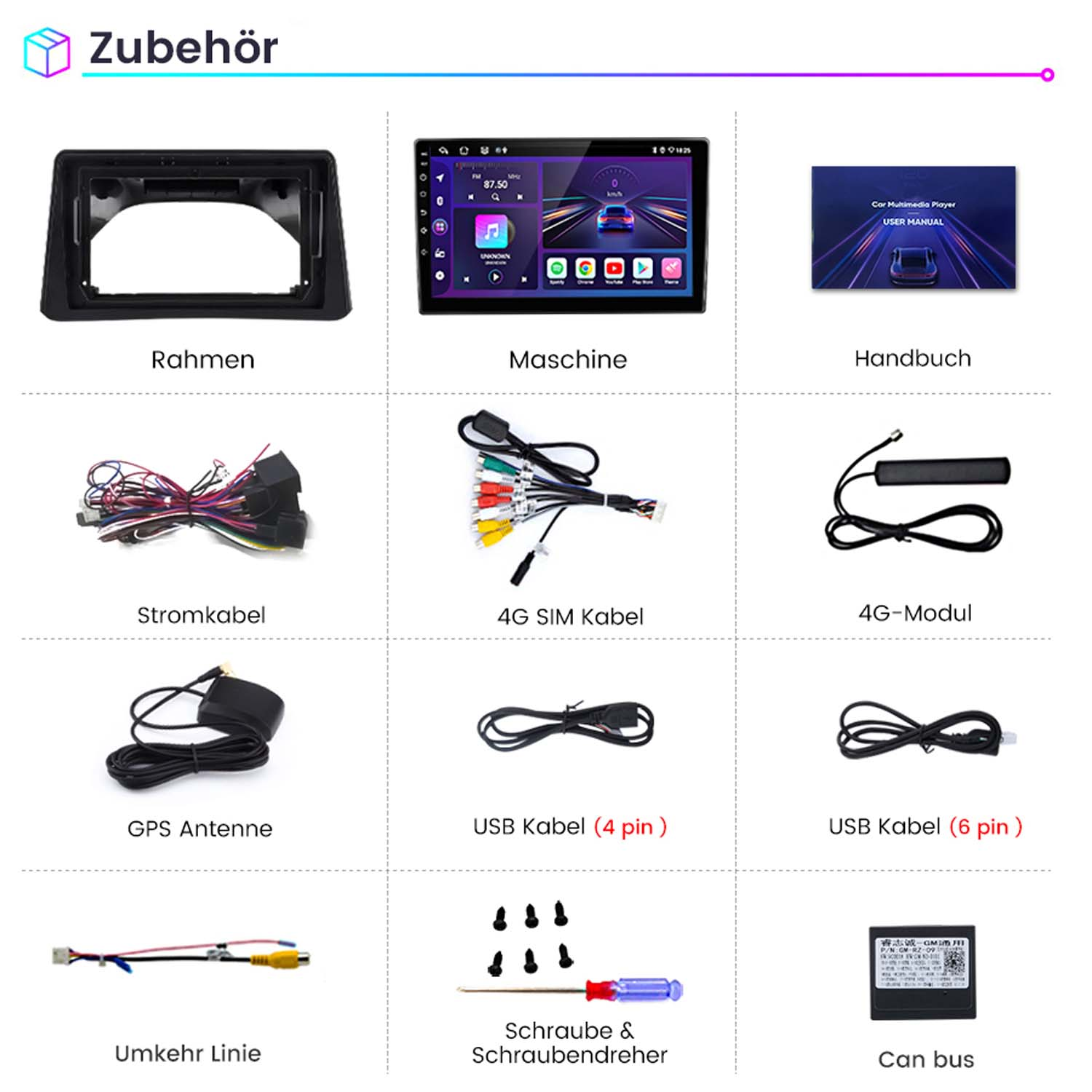Verschiedenes Car-Multimedia-Zubehör: Rahmen, Maschine, Handbuch, Kabel und Modul.
