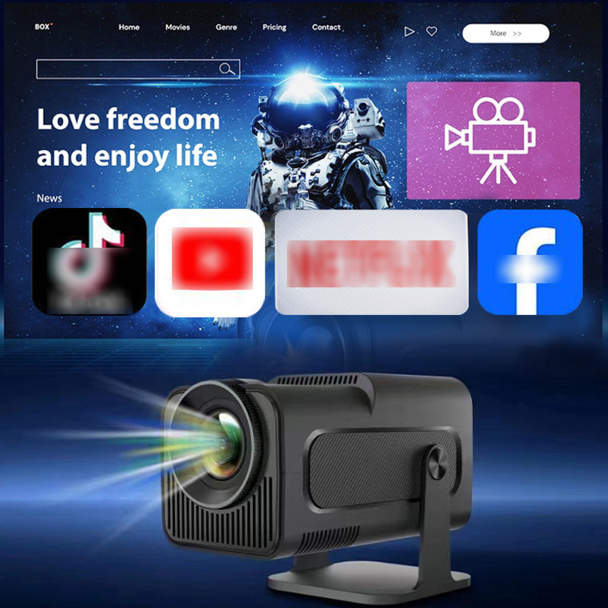 Ein schwarzer Projektor, der ein farbenfrohes Bild mit Logos sozialer Medien projiziert.