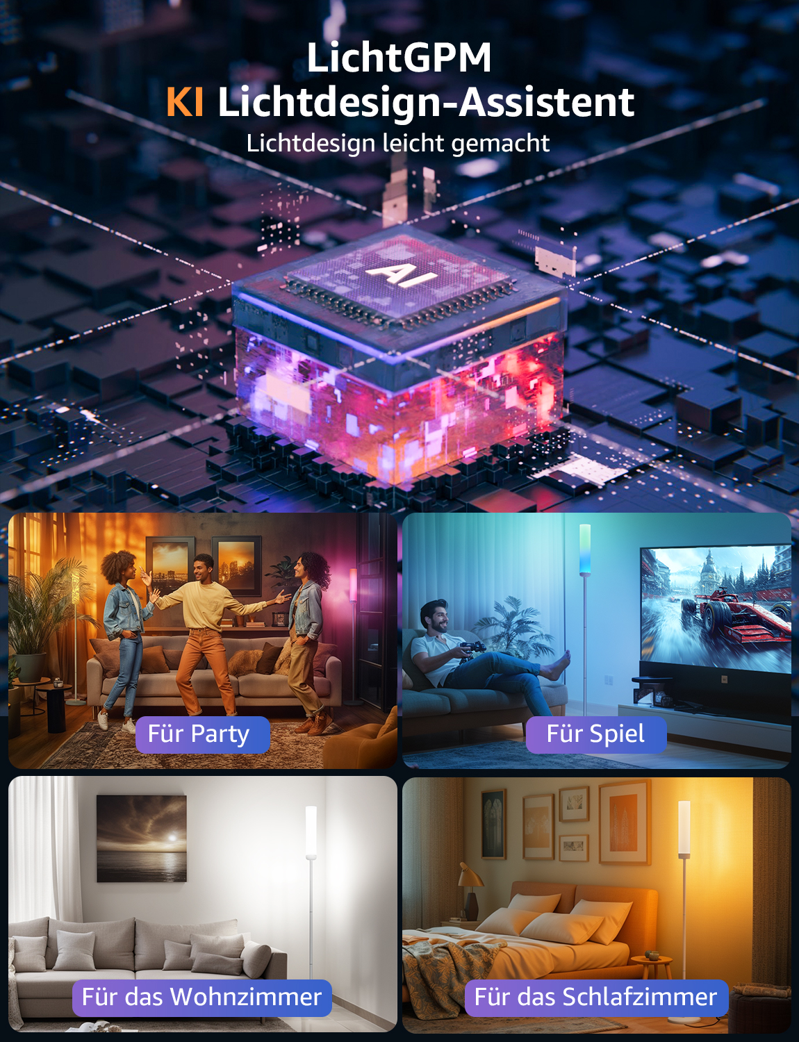 Bild zeigt Lichtdesign-Assistenten mit mehreren Szenen von Menschen in Räumen mit intelligenter Beleuchtung.