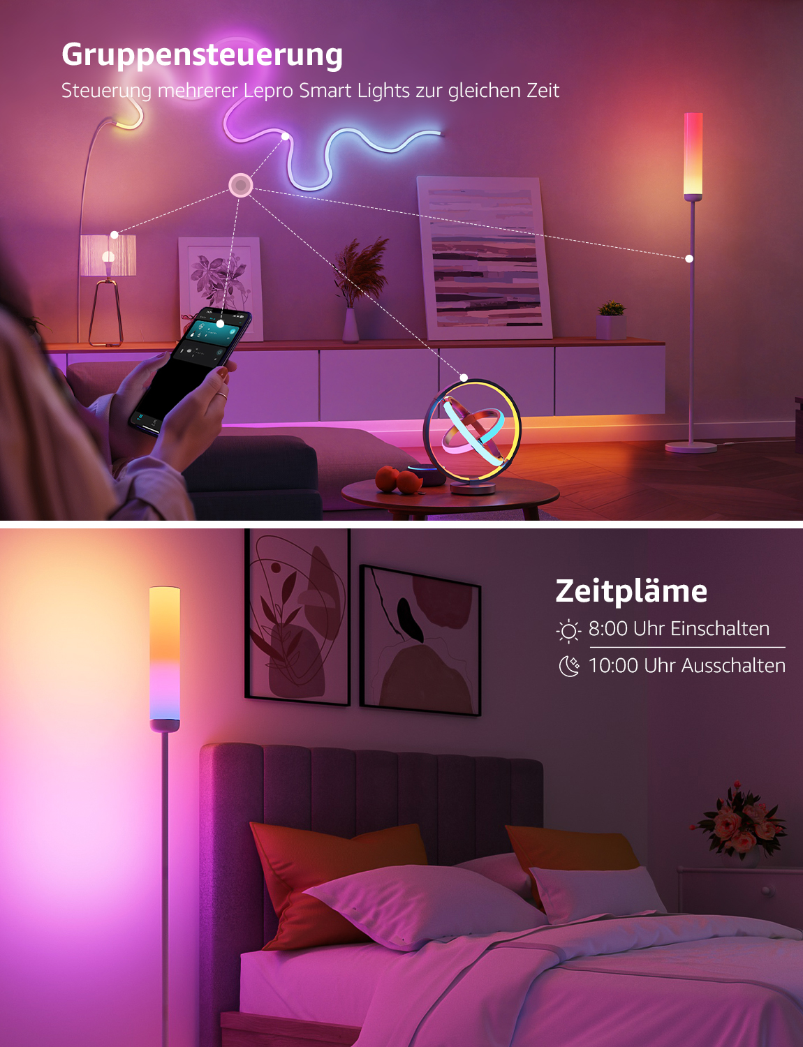 Ein Raum mit intelligenten Lichtern, ein Telefon mit einer App und eine Hand.