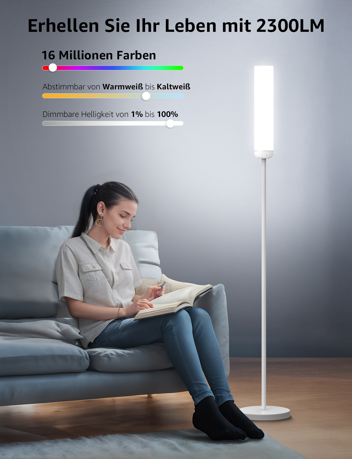 Eine Frau liest ein Buch neben einer weißen Stehlampe. Farbspektrum oben links gezeigt.
