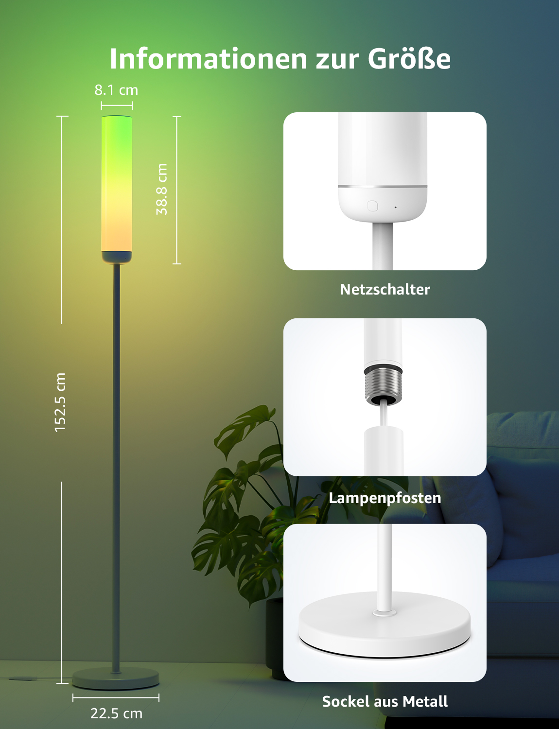 Eine hohe, graue Stehlampe mit Farbwechsel. Sie hat einen weißen Sockel und einen Bereich für die Farbanzeige.