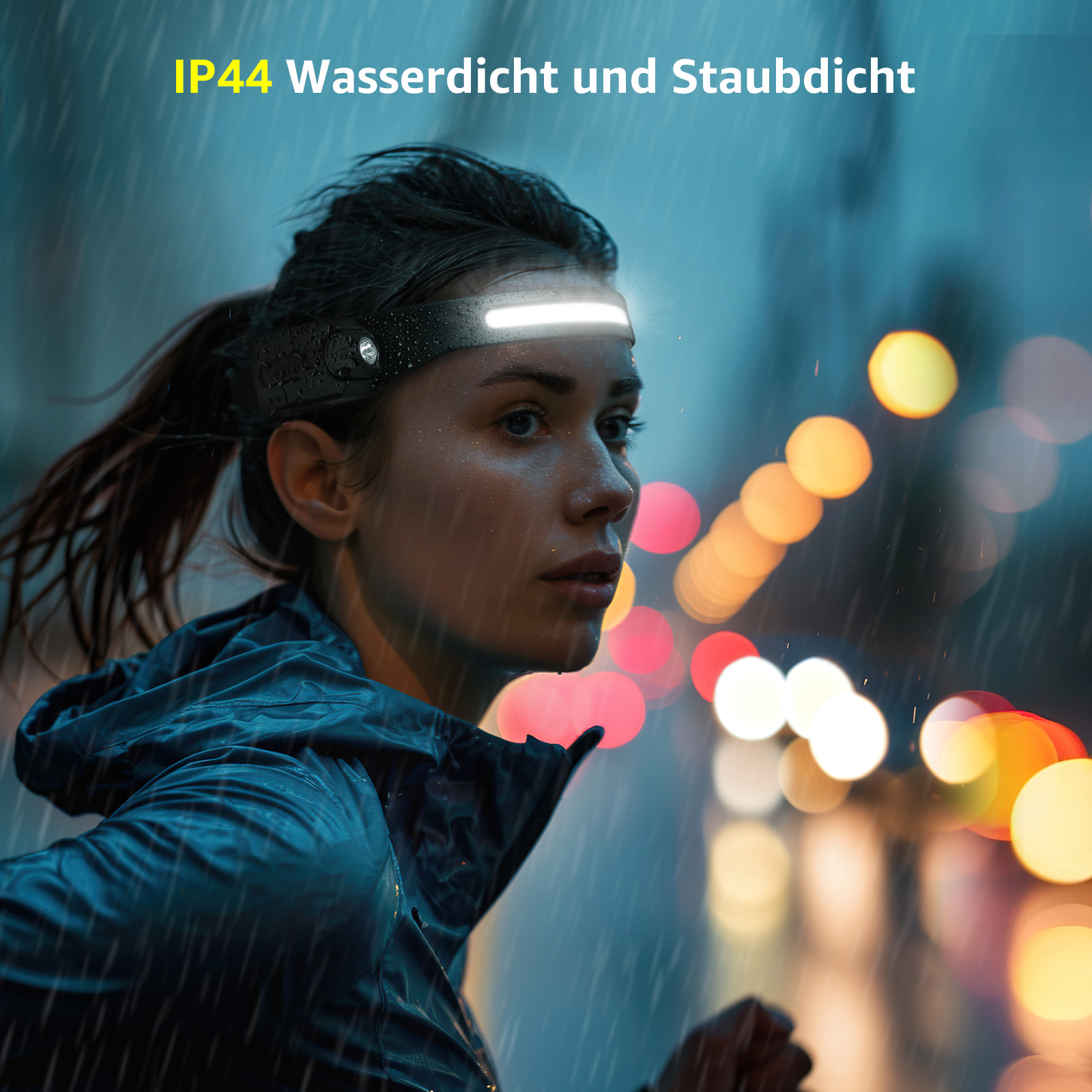 Frau rennt im Regen und trägt eine Stirnlampe. Die Stirnlampe ist auf dem Kopf der Frau.