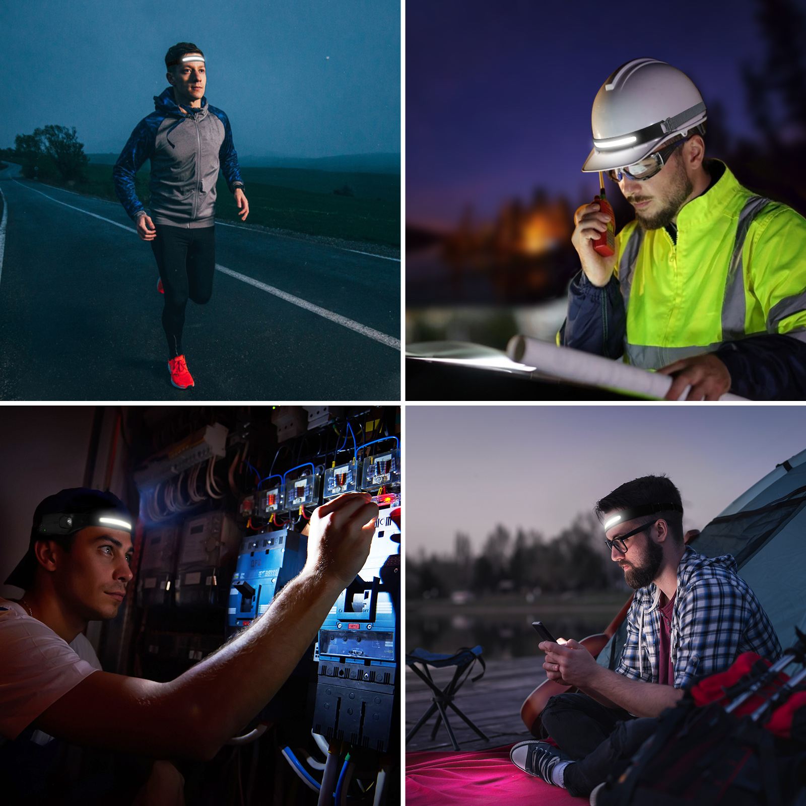 Eine Collage von Personen, die Stirnlampen verwenden: Läufer, Arbeiter, Ingenieur und Person, die nachts ein Telefon benutzt.