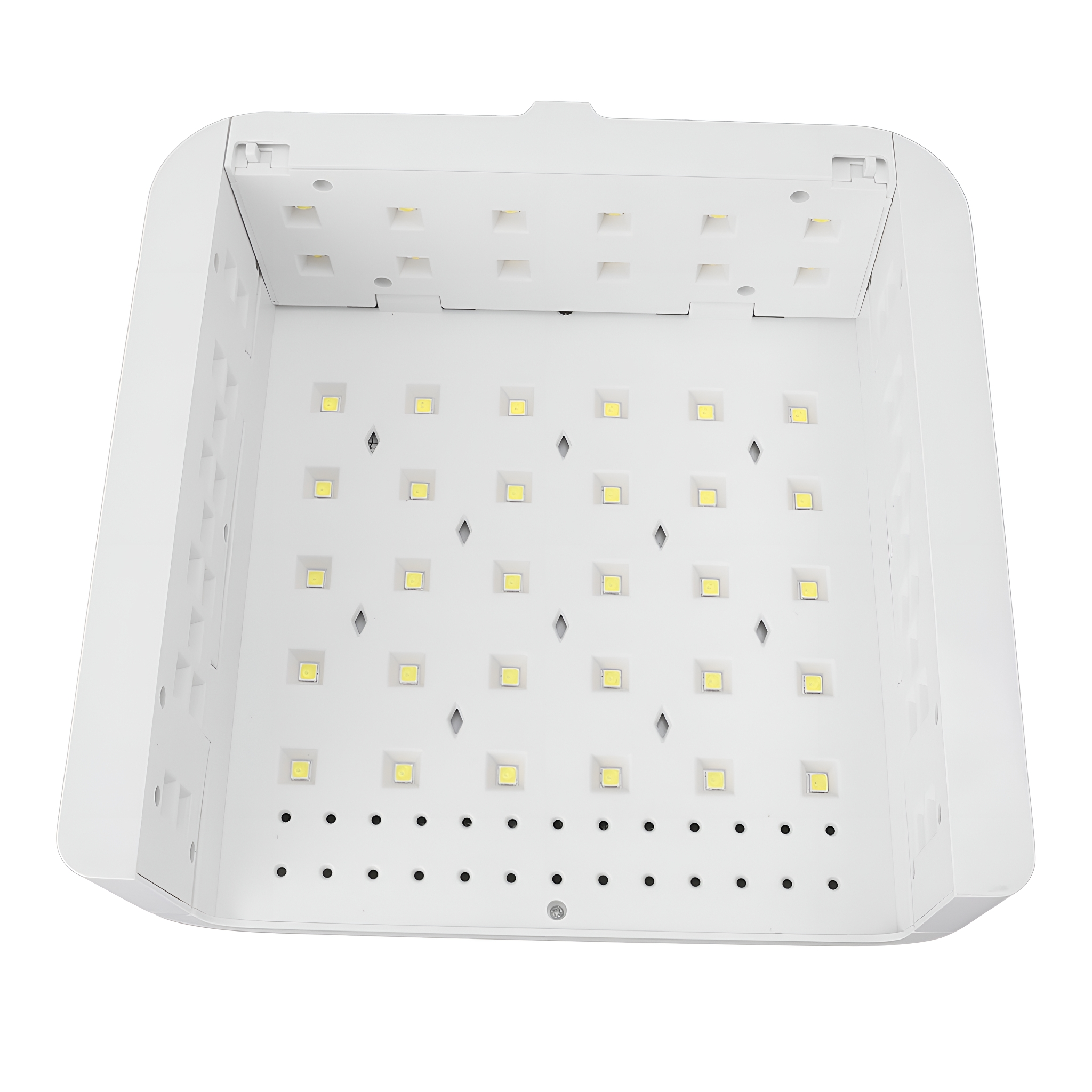Weiße LED-Nagellampe mit vielen kleinen Lichtern im Inneren, Draufsicht.