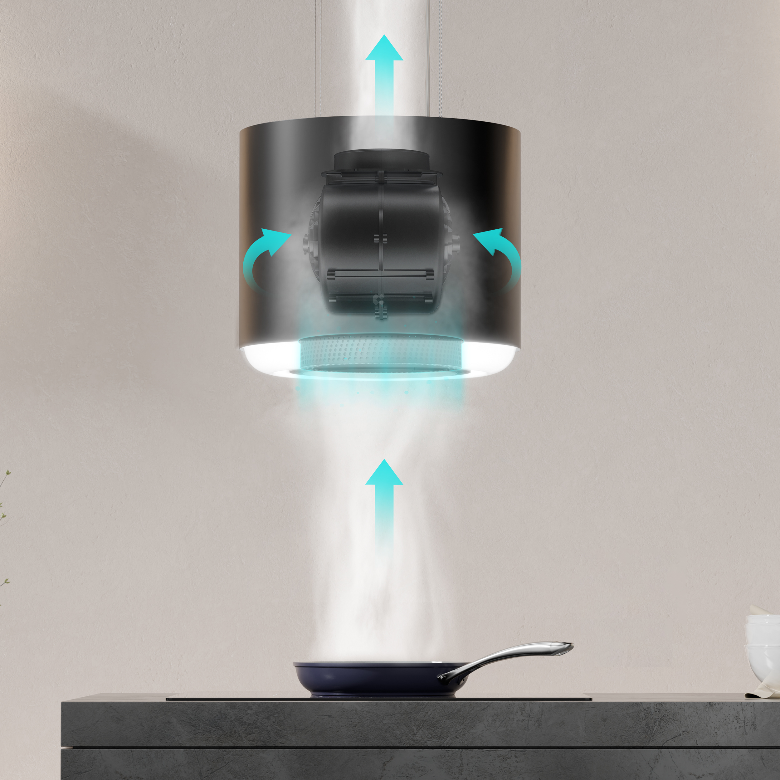 Cappa da cucina. Design argento e nero, con frecce blu che indicano il flusso d'aria. Padella blu scuro.
