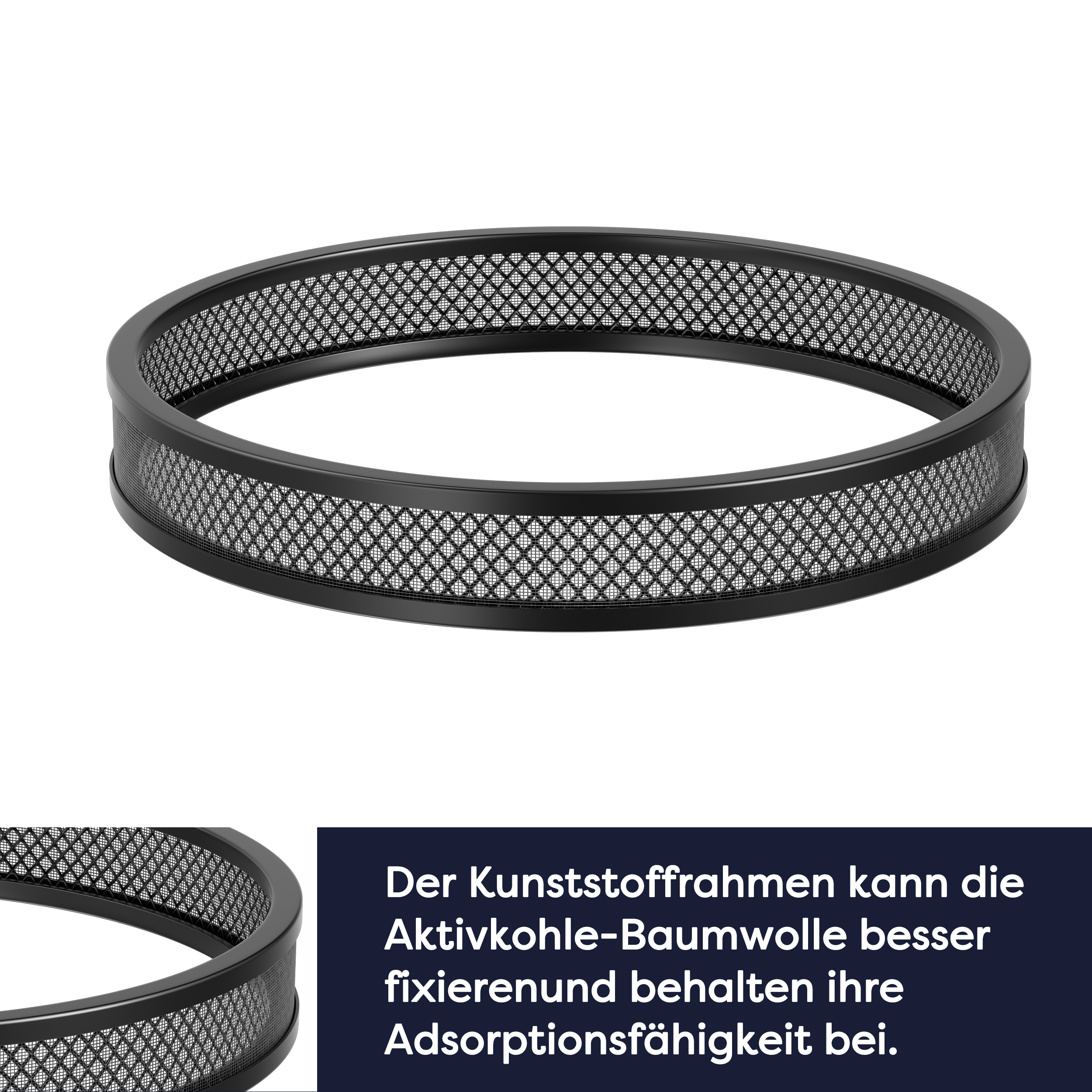 Filtro dell'aria nero con design a rete. Il telaio mantiene l'adsorbimento del cotone al carbonio.