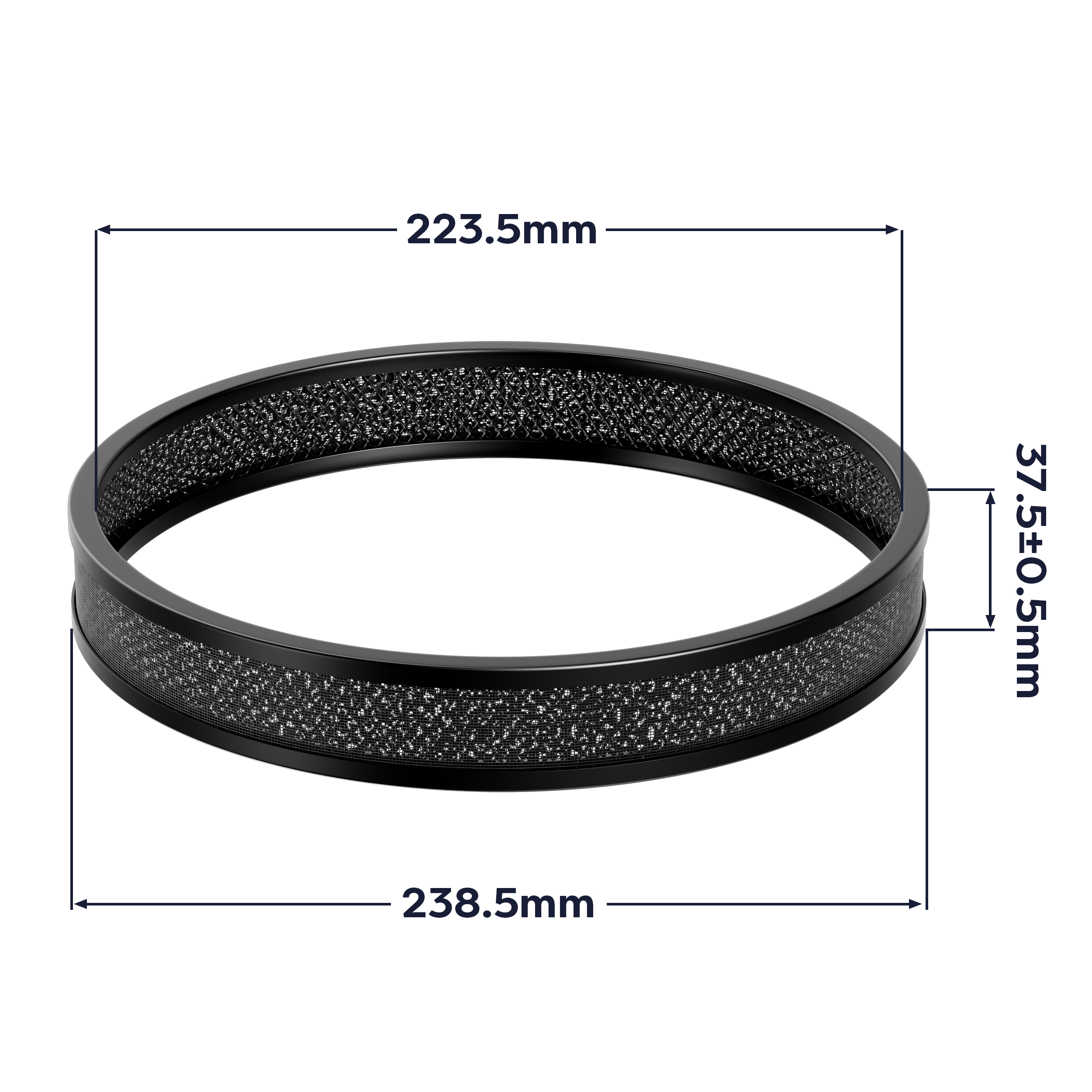 Anello nero, misurato con un diametro di 238,5 mm, con una larghezza di 37,5 mm, le dimensioni sono indicate.