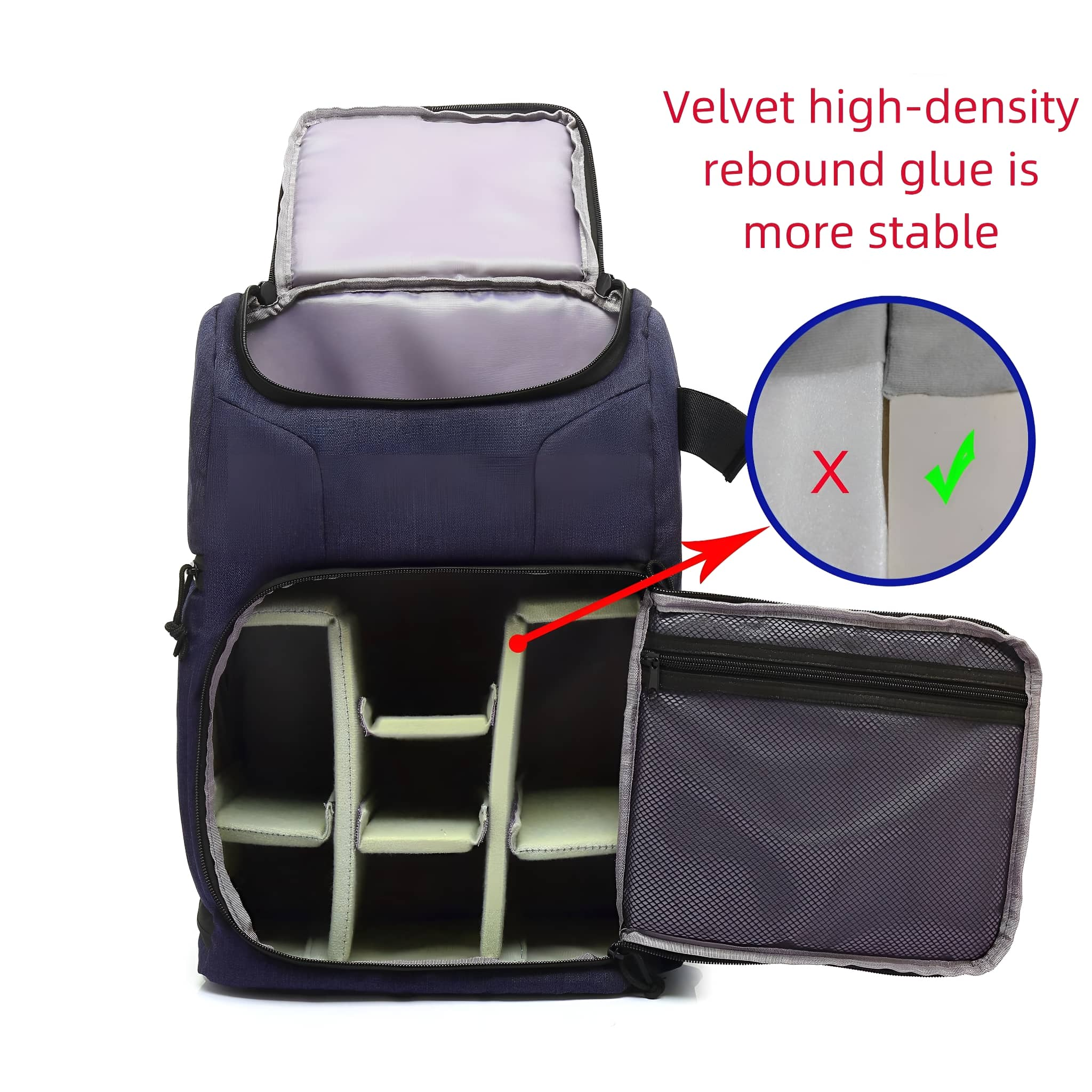 Marineblauer Kamerarucksack, der das Innere mit Fächern und Nahaufnahme des Materials zeigt.