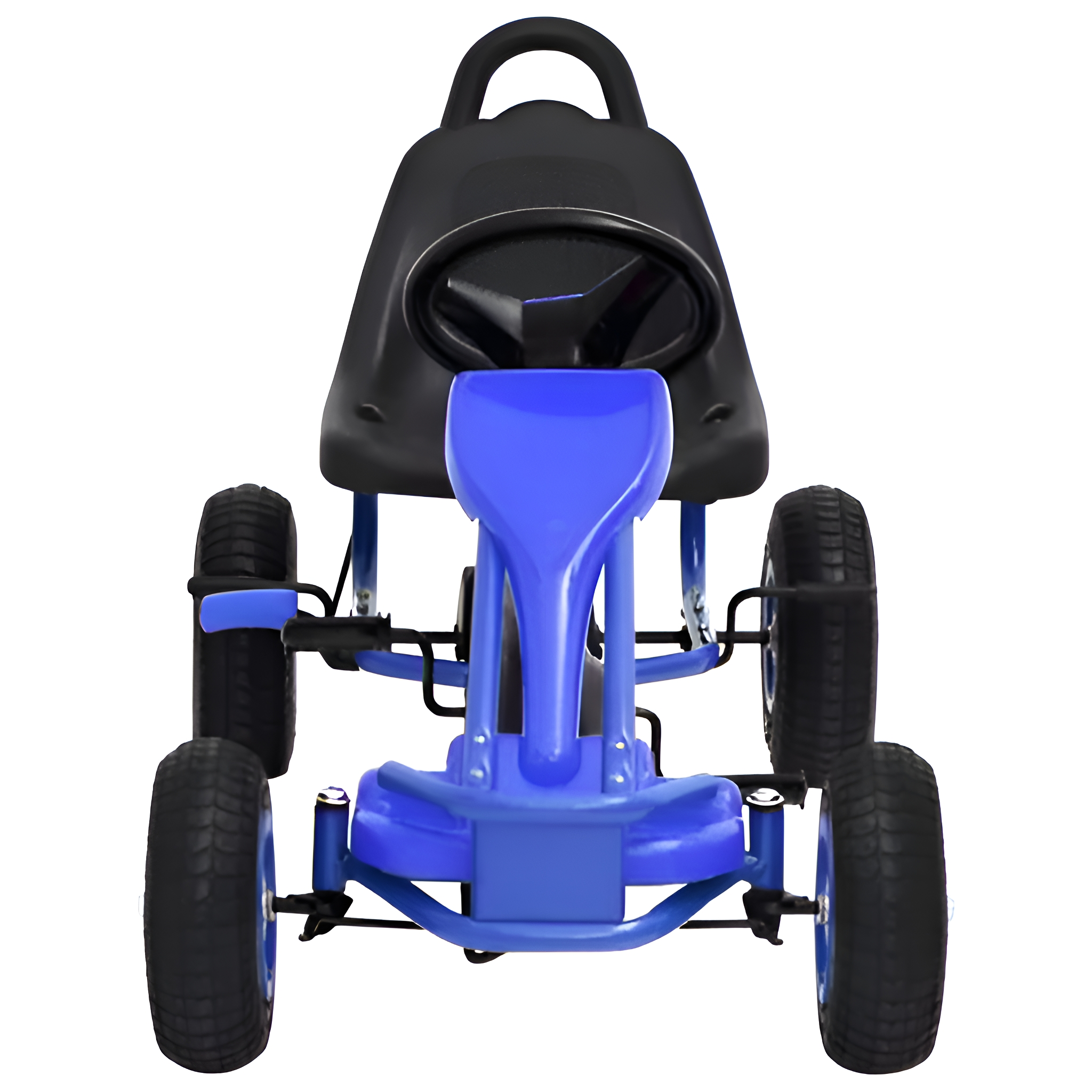 Blauer und schwarzer Go-Kart auf weißem Hintergrund, von vorne betrachtet.